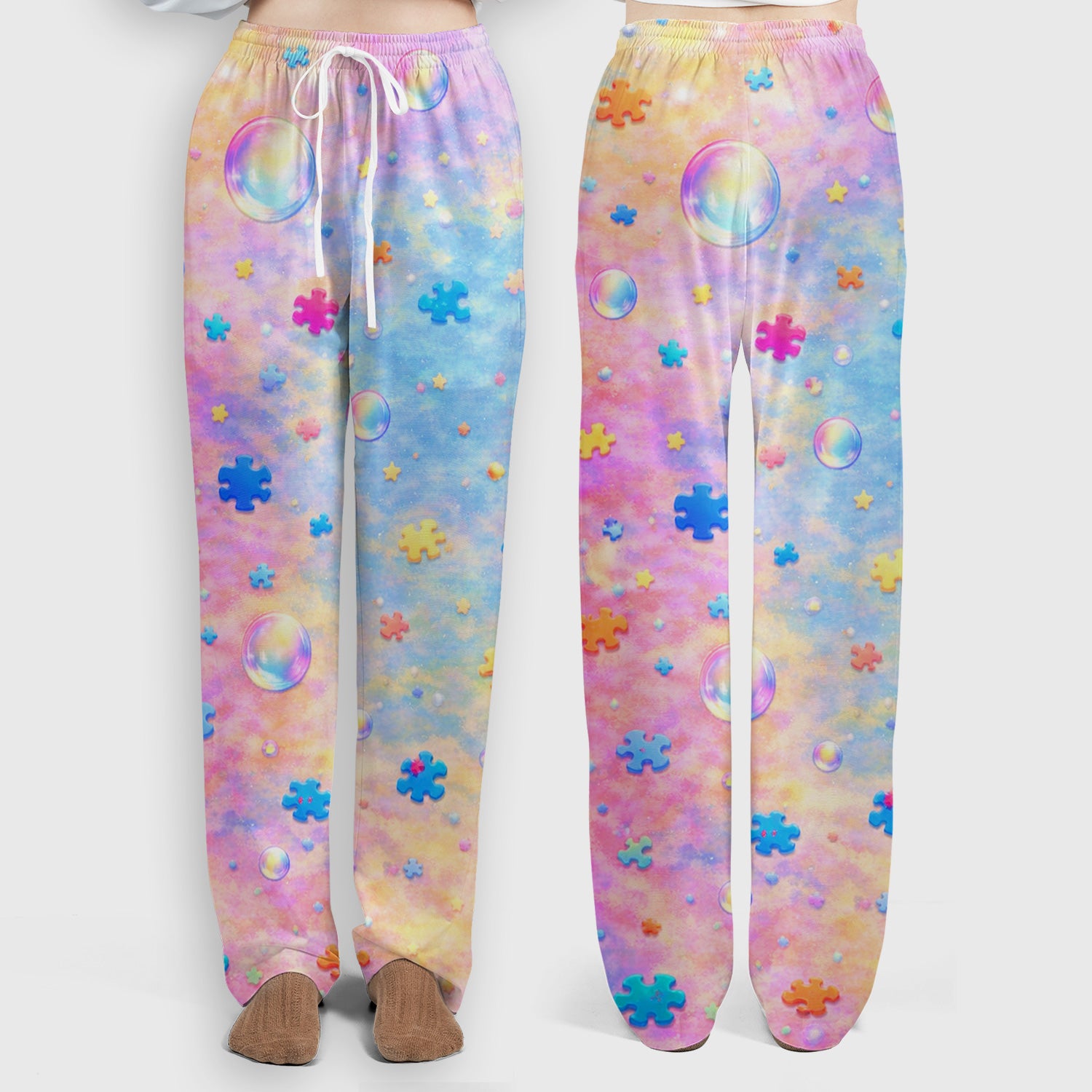 Autism Puzzle Sea Turtle Pastel Rainbow Print Scrub Set, Scrub Pants and V Neck Top
