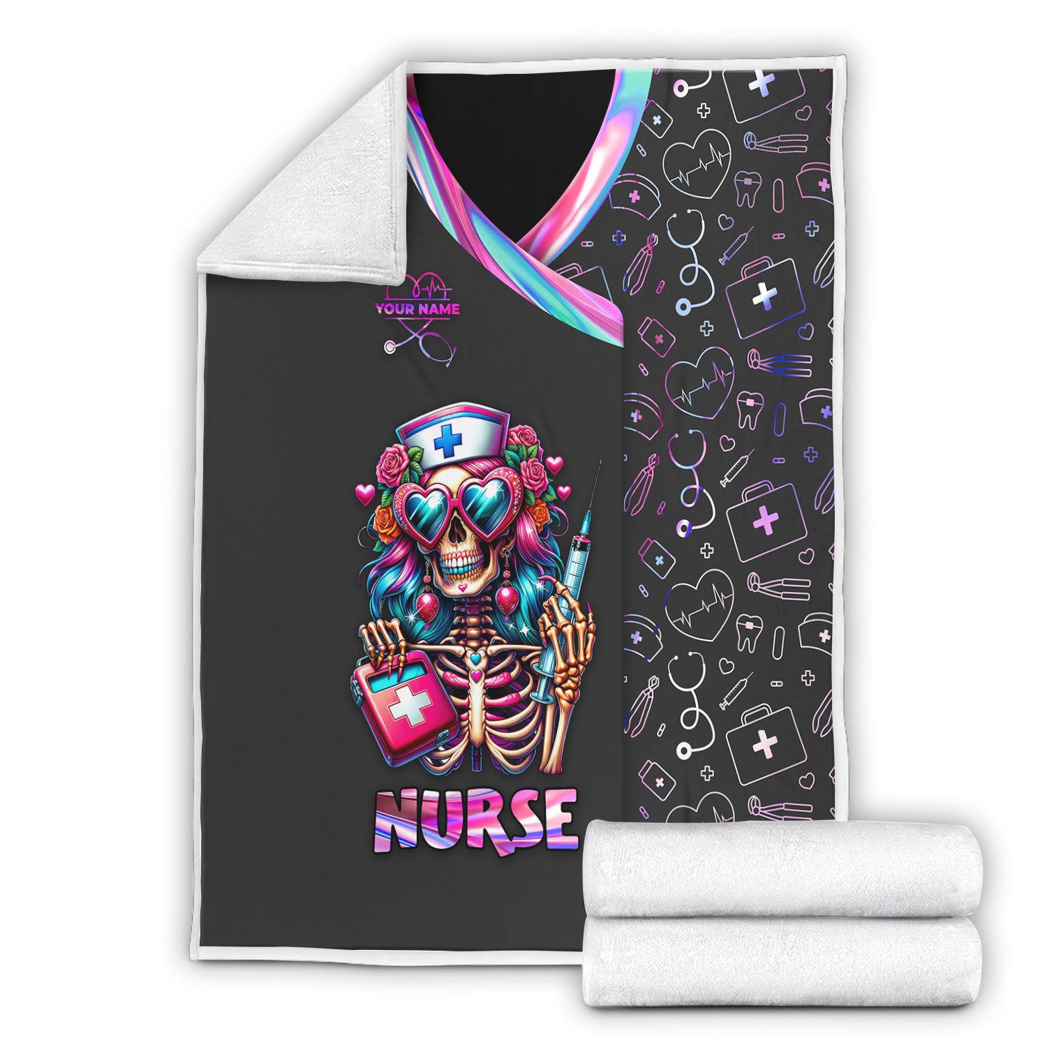 Personalized Gothic Nurse Blanket - Colorful Skeleton Holding Syringe & Med Bag - Gift for Healthcare Heroes, Halloween Fans