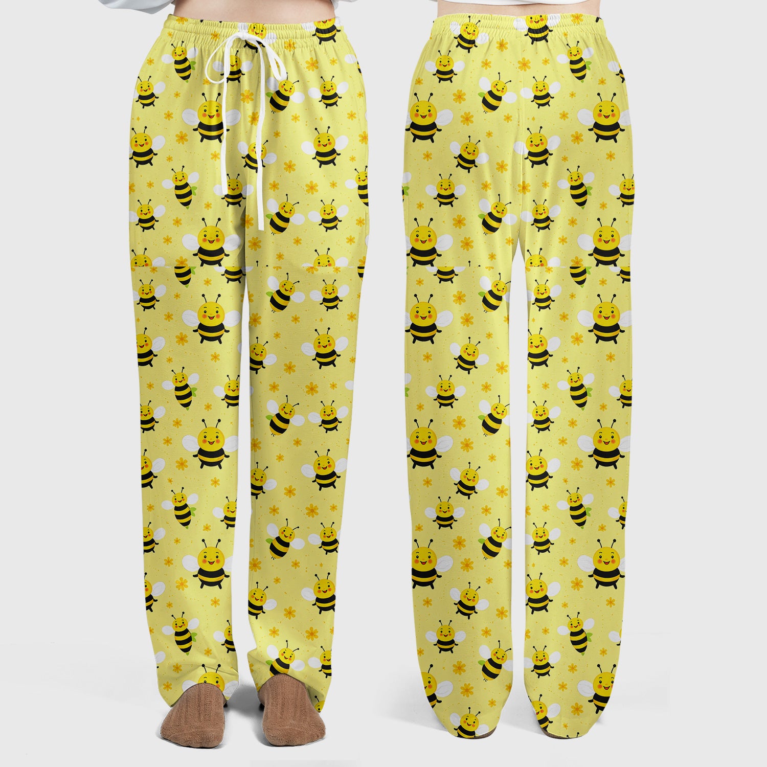 Cute Smiling Bee Yellow Floral Print Sets, Breathable Med Uniform