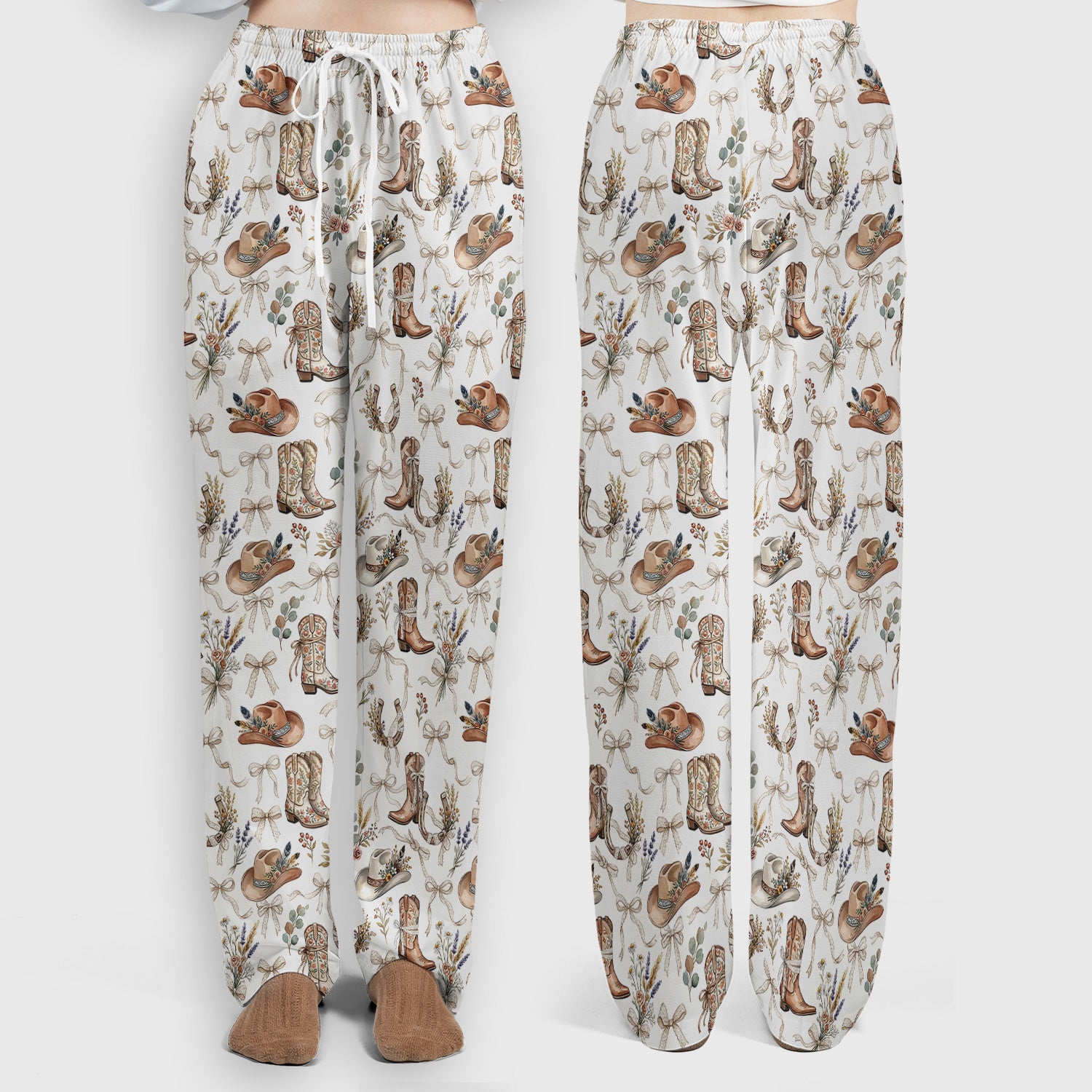 Western Cowboy Boots Hat Floral Pattern Scrub Set, Scrub Pants and V Neck Top