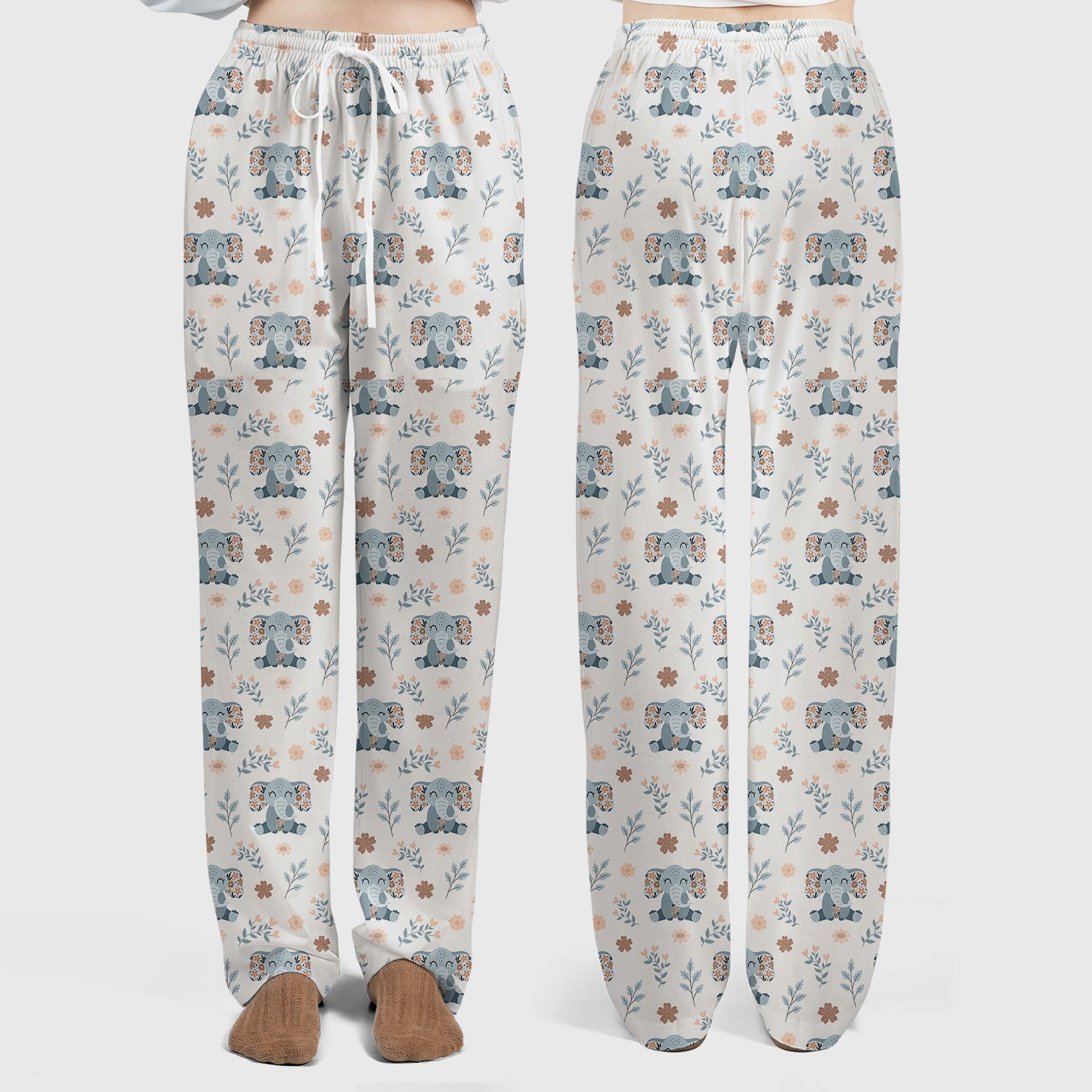 Cute Elephant Floral Print Scrub Set, Scrub Pants and V Neck Top