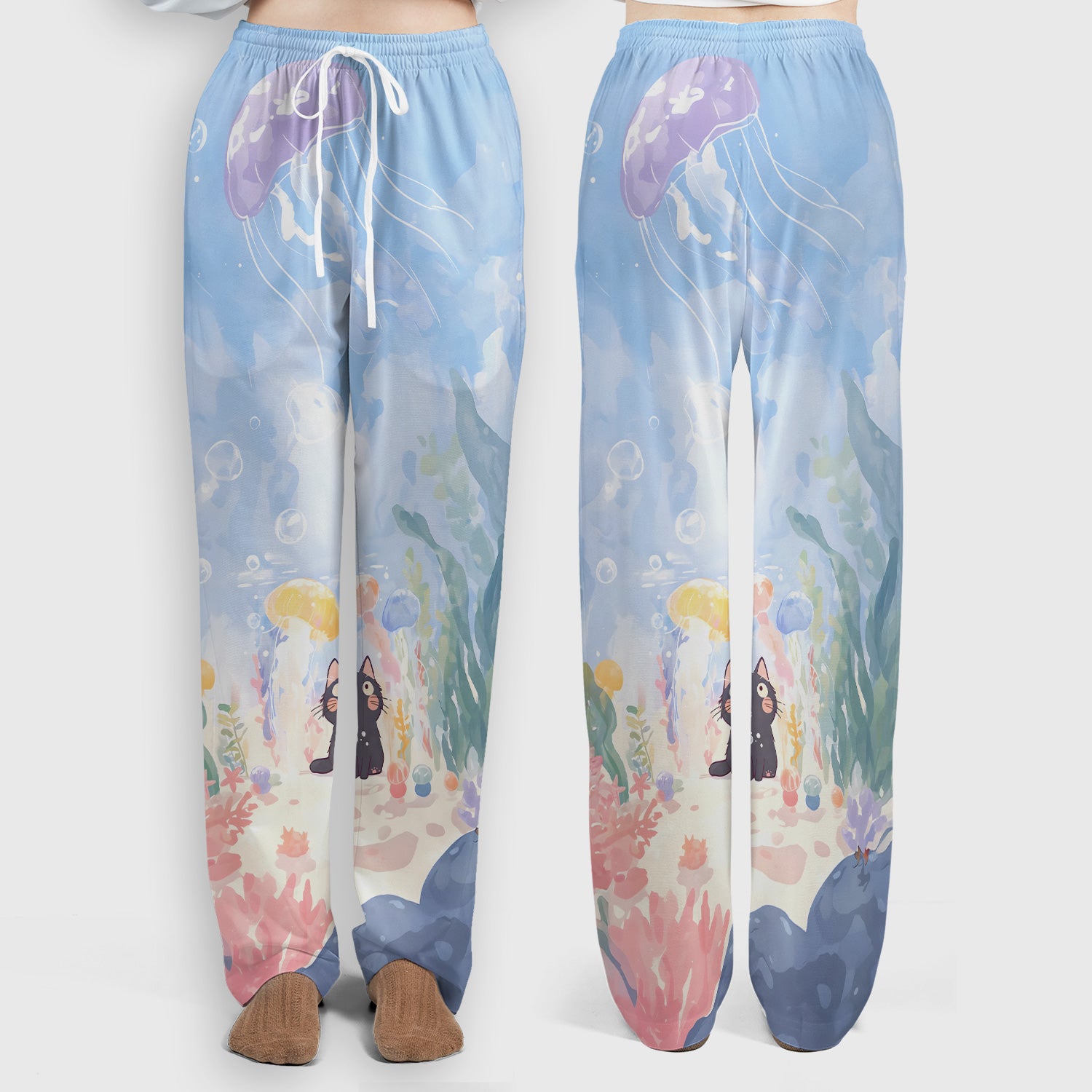 Cute Underwater Black Cat Jellyfish Pattern Scrub Set, Scrub Pants and V Neck Top