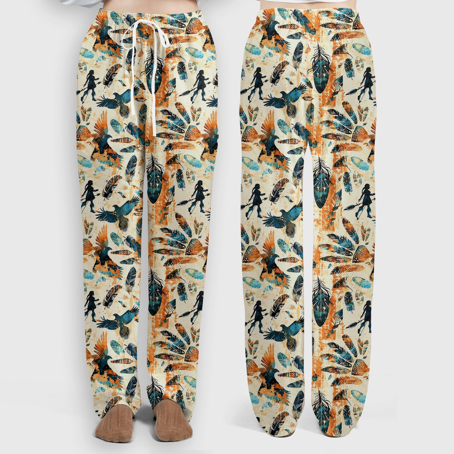 Feather Birds Tribal Print Scrub Set, Scrub Pants and V Neck Top