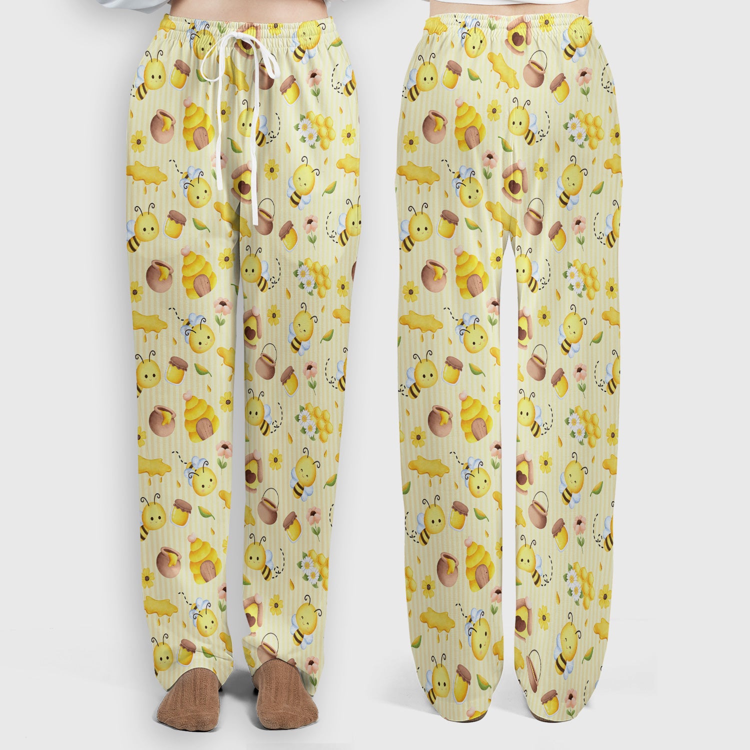 Cute Bee Honey Flower Stripe Pattern Scrub Set, Scrub Pants and V Neck Top