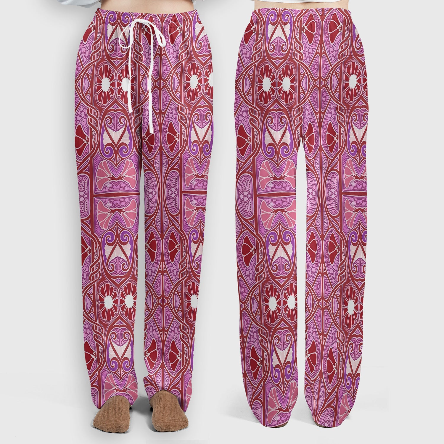 Vintage Ornamental Floral Pattern Scrub Set, Scrub Pants and V Neck Top