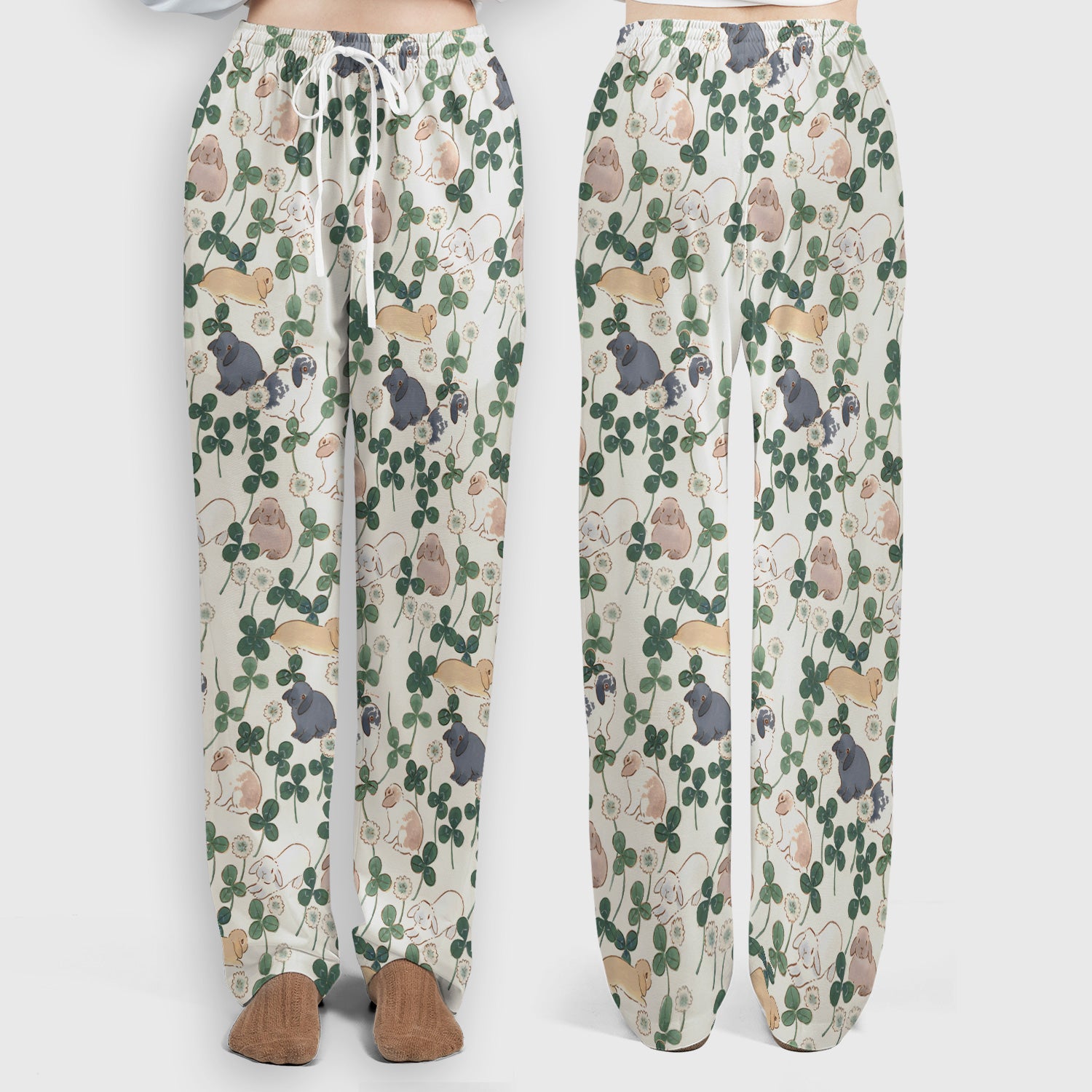 Cute Bunny Clover Garden Meadow Pattern Nurse Scrub Set, Scrub Pants and V Neck Top