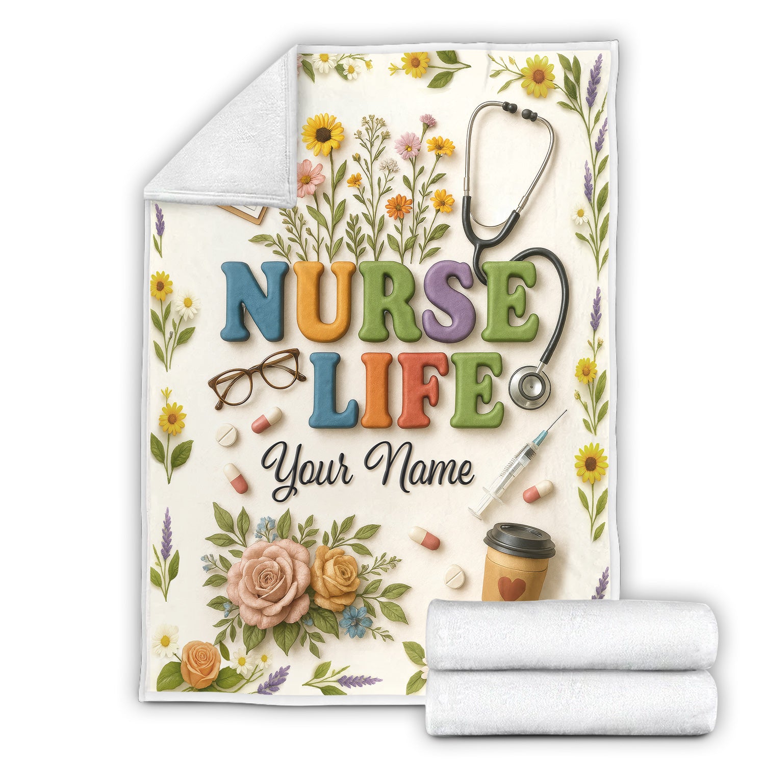 Custom Nurse Life Blanket - Stethoscope, Pills & Flowers Design - Thoughtful Personalized Gift for Nurses