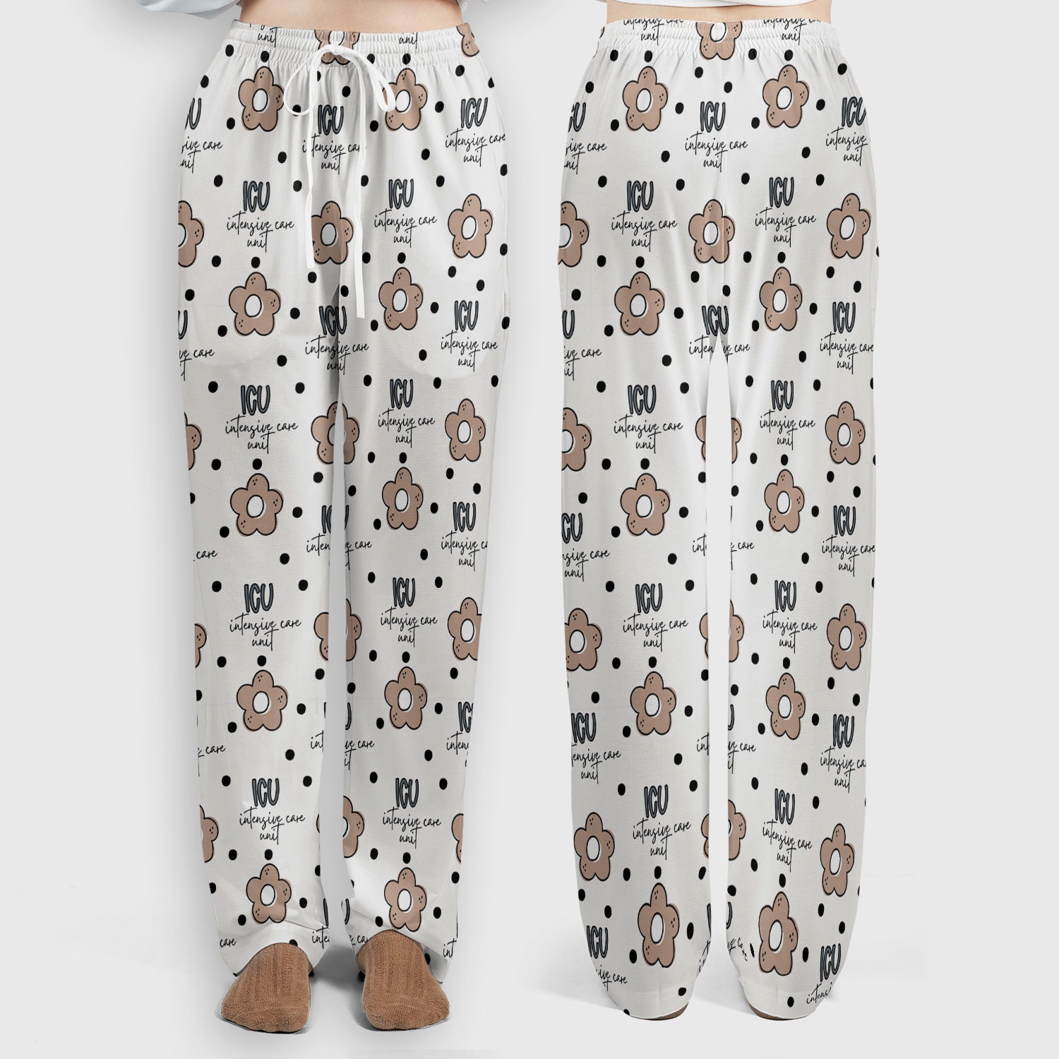 Cute ICU Nurse Flower Polka Dot Pattern Scrub Set, Scrub Pants and V Neck Top