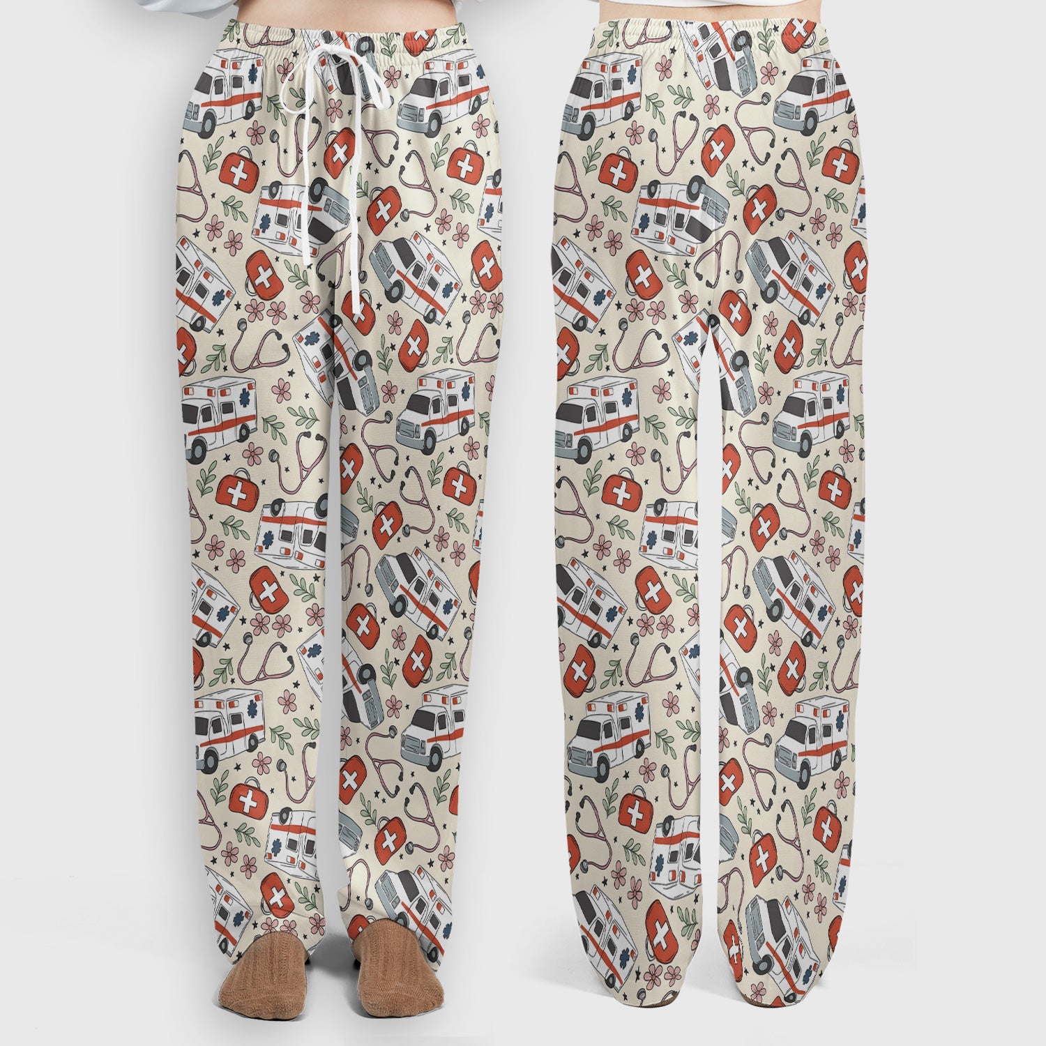 Ambulance Stethoscope First Aid Floral Pattern Scrub Set, Scrub Pants and V Neck Top