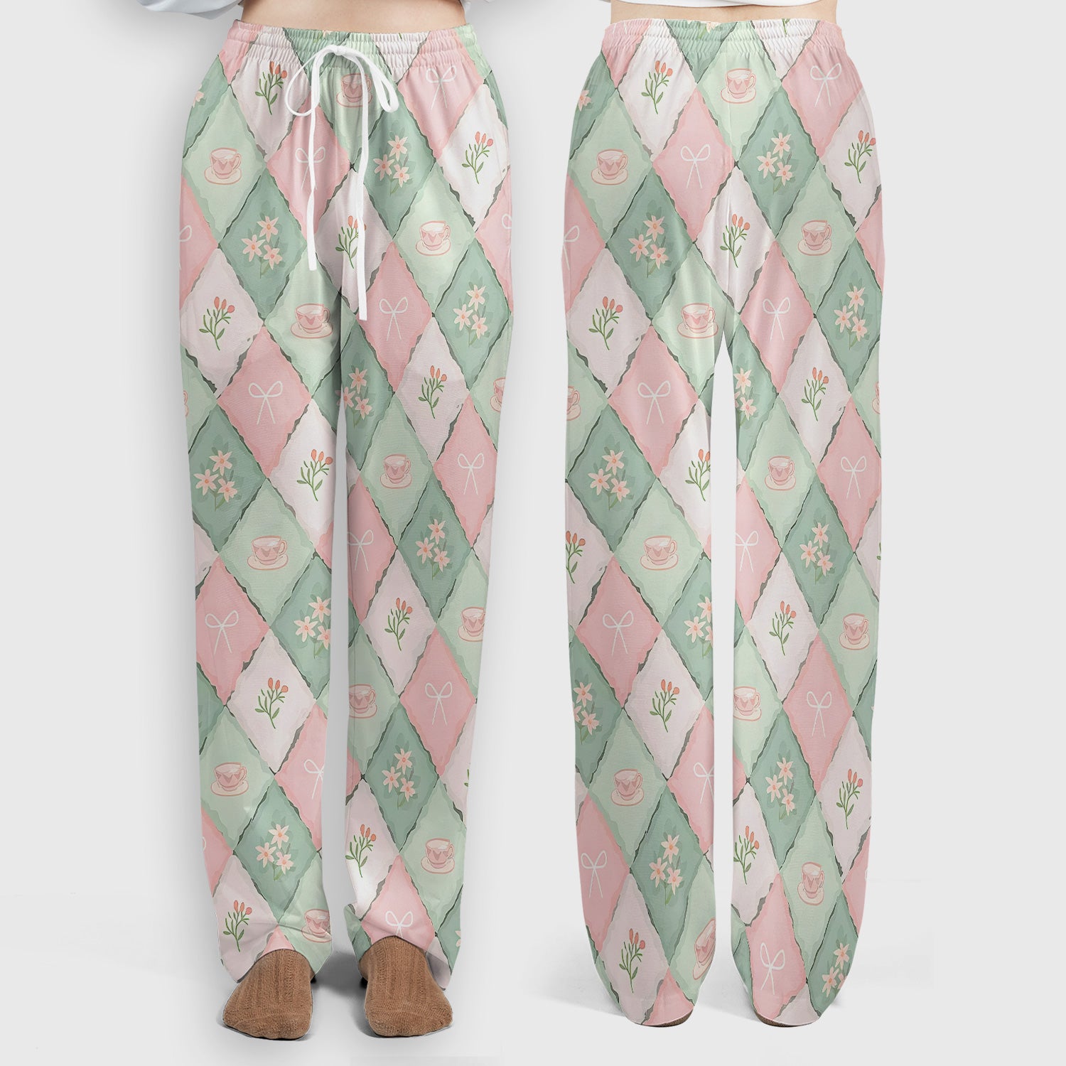 Flowers Tea Cups Pattern Scrubs Sets, Scrub Pants and V Neck Top