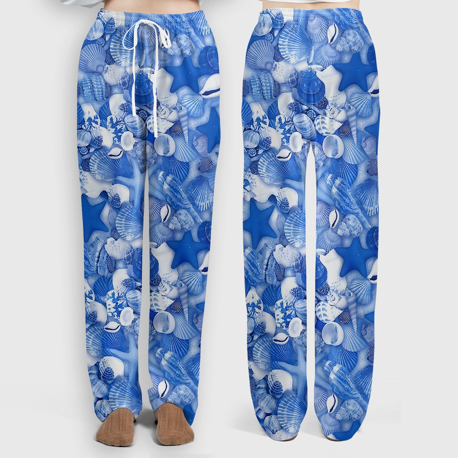 Blue Seashell Starfish Ocean Pattern Scrub Set, Scrub Pants and V Neck Top