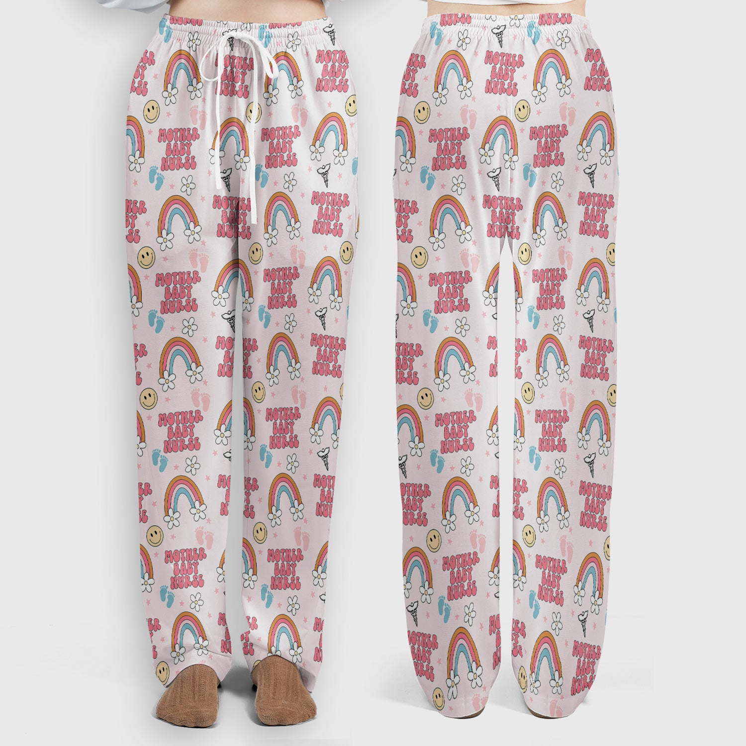 Sweet Mother Baby Nurse Rainbow Pattern Scrub Set, Scrub Pants and V Neck Top