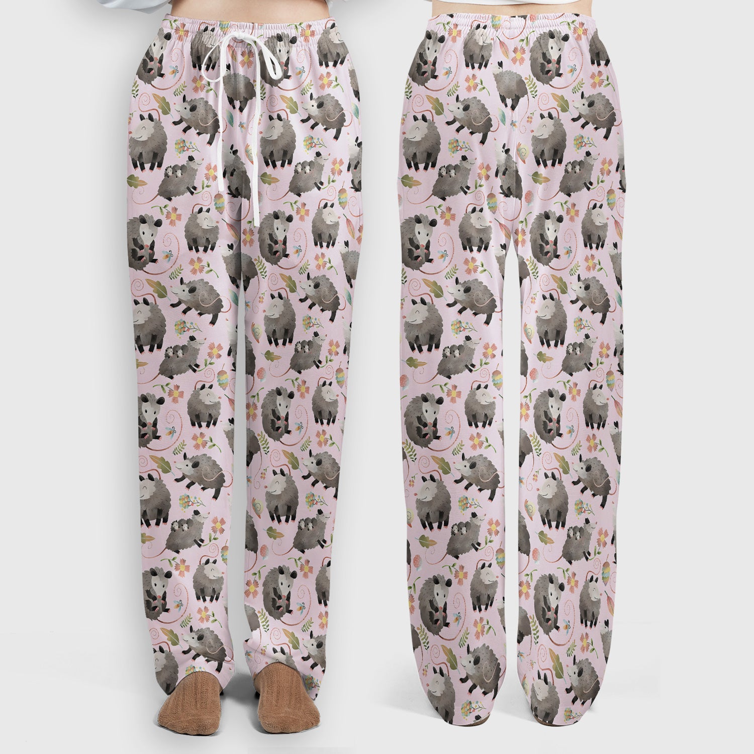 Cute Opossum Playing Flower Garden Pattern Scrub Set, Scrub Pants and V Neck Top