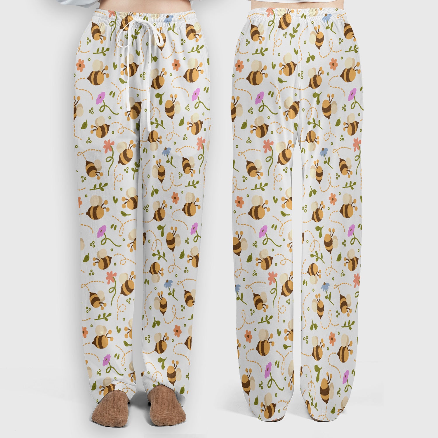 Bee Flying Floral Trail Garden Pattern Scrub Set, Scrub Pants and V Neck Top