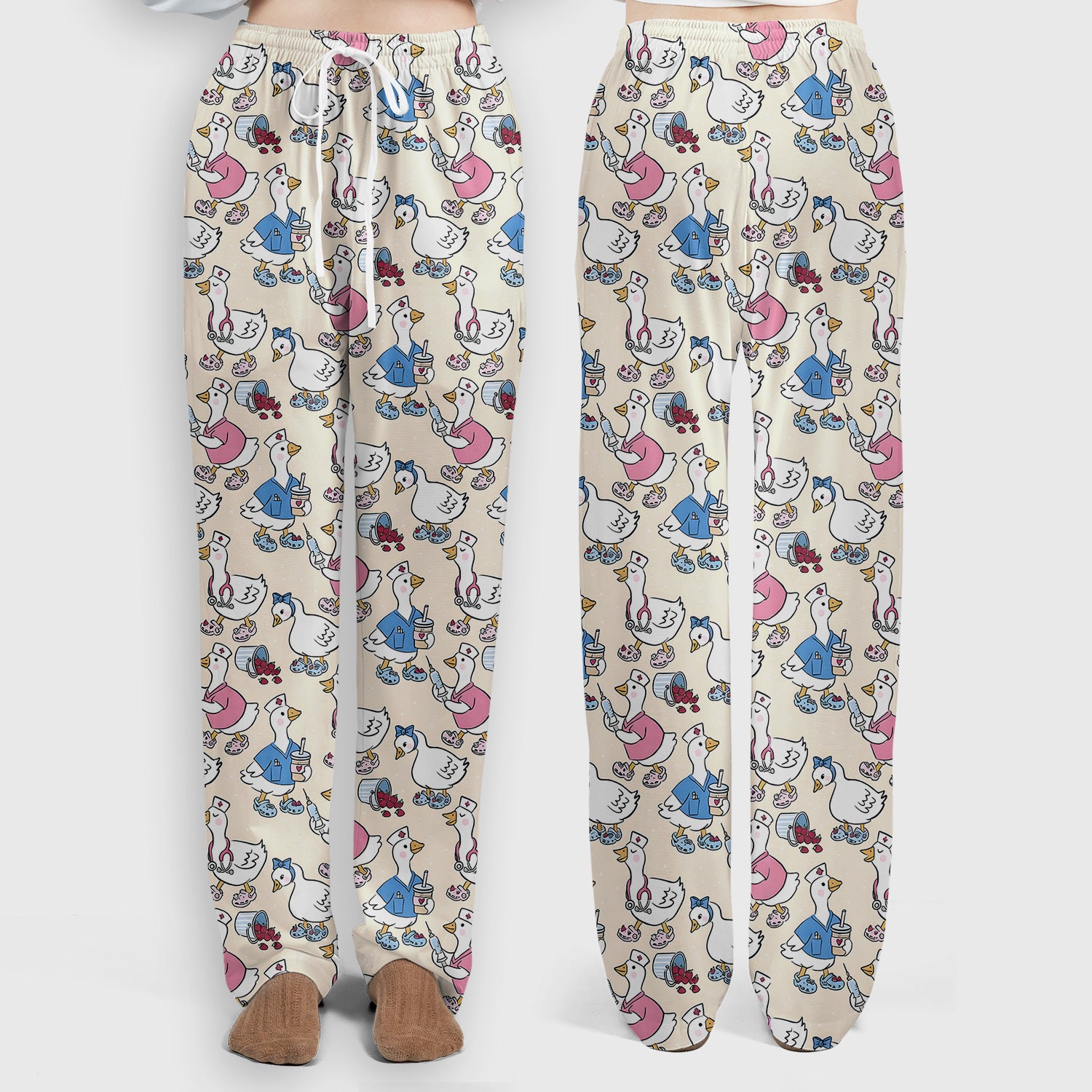 Cute Nurse Goose Cartoon Pattern Scrub Set, Scrub Pants and V Neck Top