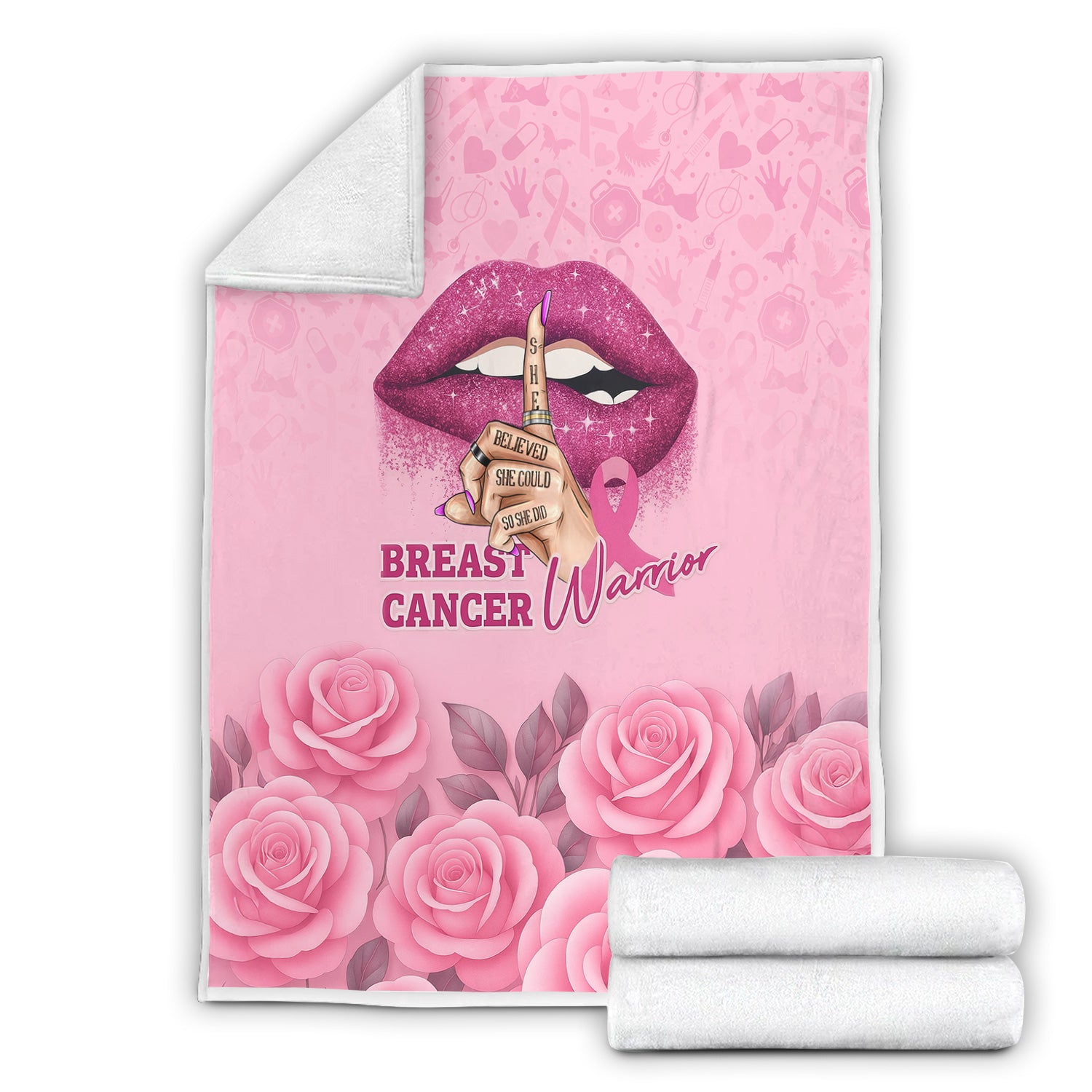 Custom Breast Cancer Awareness Floral Blanket - Warrior Quote & Rose Pattern Graphic - Gift for RN LPN CNA
