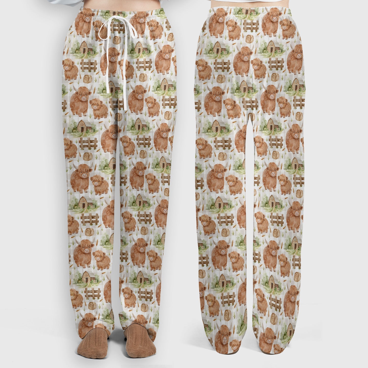 Cute Highland Cow With Farm Barn Fence Scrub Set, Scrub Pants and V Neck Top