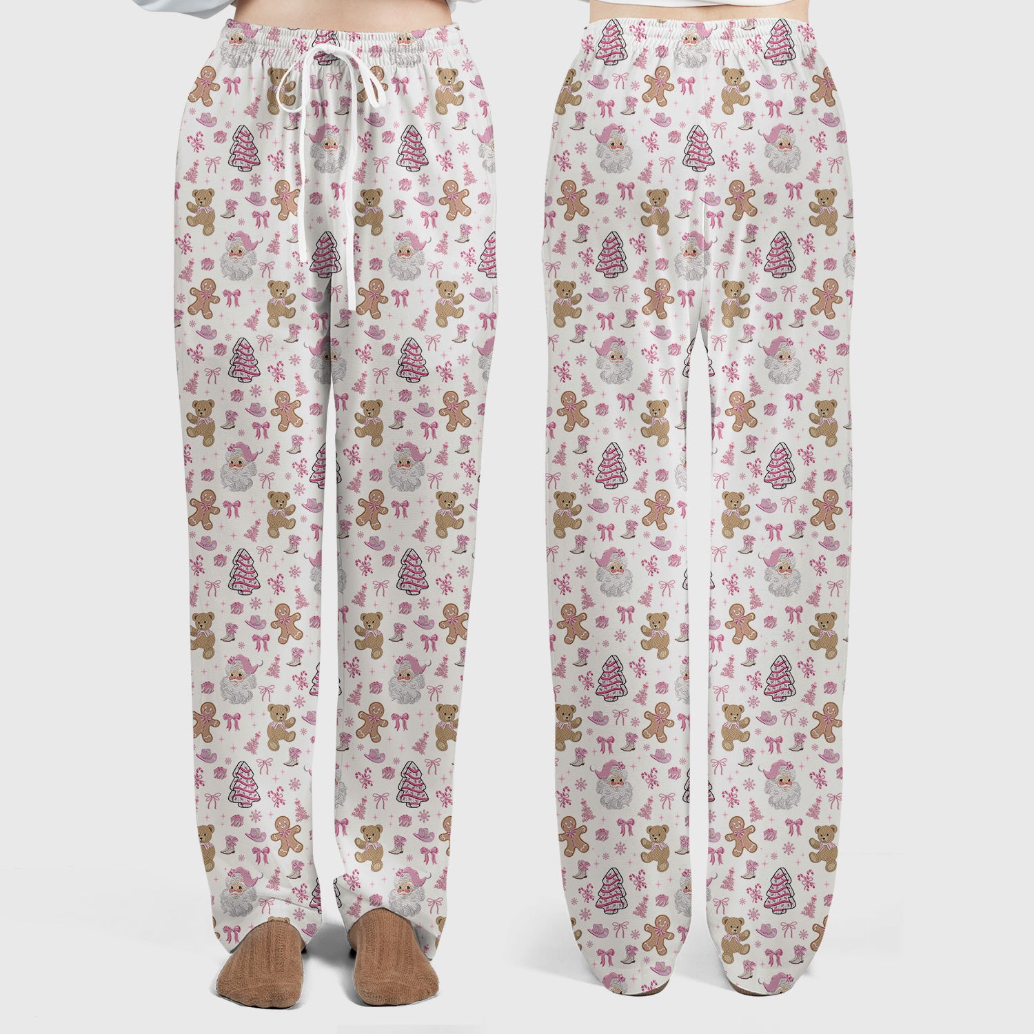 Pink Christmas Santa Gingerbread Scrub Set, Cute Holiday Medical Pattern Shirt, Breathable Fabrics Nursing Uniform