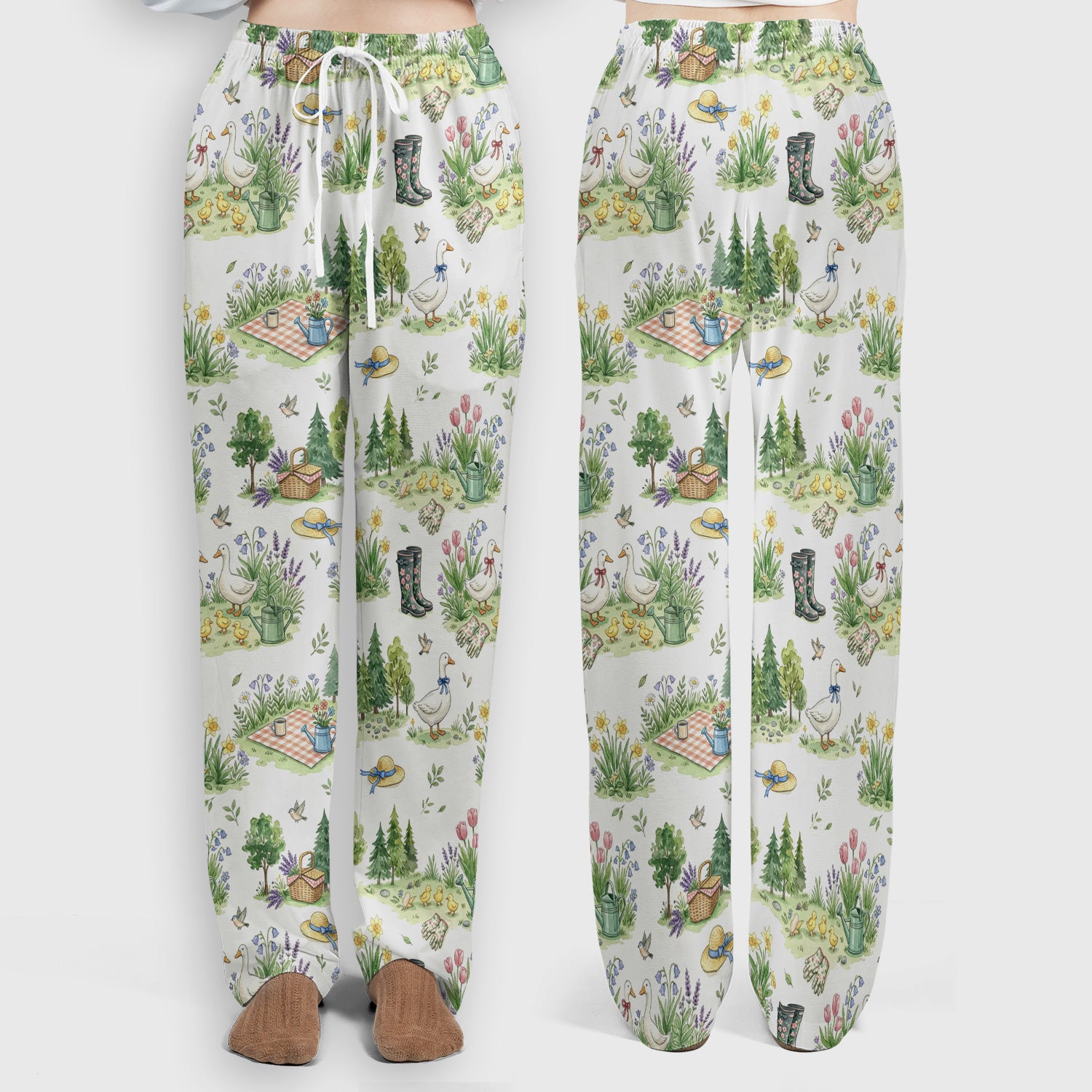 Cute Duck Garden Pattern Scrub Set, Spring Floral Countryside Scrub Pants and V Neck Top