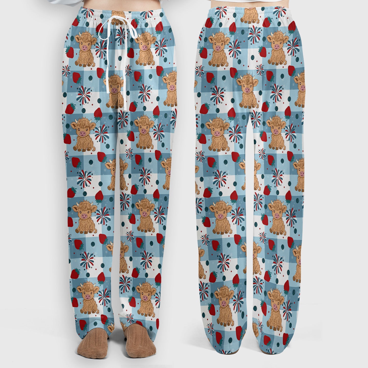 Highland Cow Strawberry Firework Gingham Pattern Scrub Set, Scrub Pants and V Neck Top
