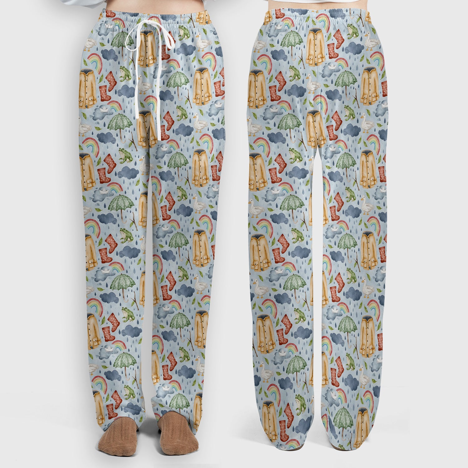 Cute Rainy Day Ducks & Frog Rainbow Pattern Scrub Set, Scrub Pants and V Neck Top