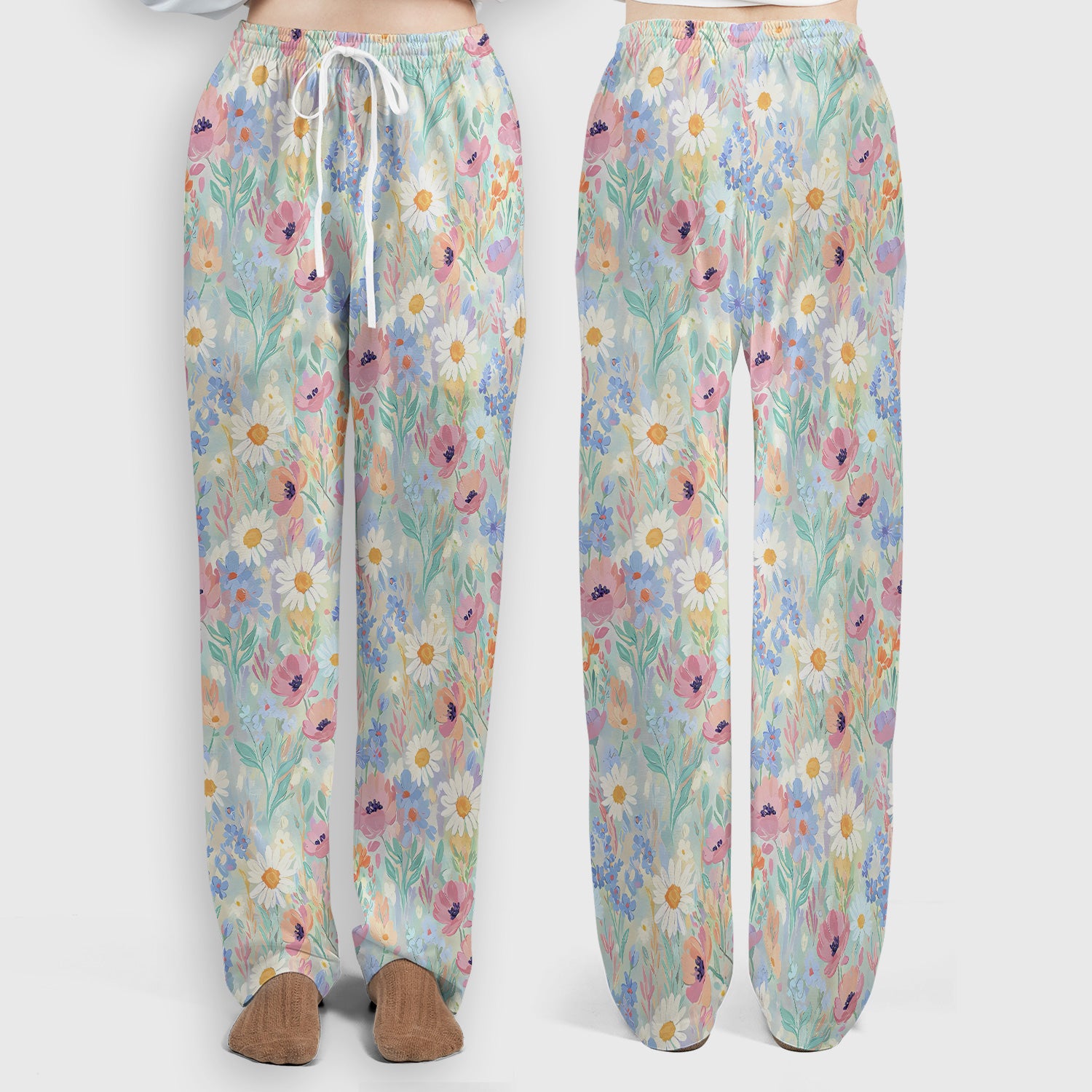 Pastel Wildflower Meadow Floral Pattern Scrub Set, Scrub Pants and V Neck Top