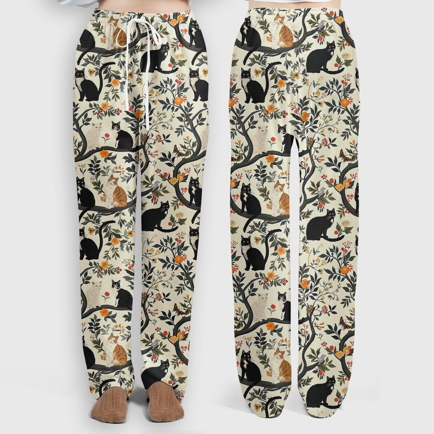 Vintage Black Cat Floral Pattern Scrub Set, Scrub Pants and V Neck Top