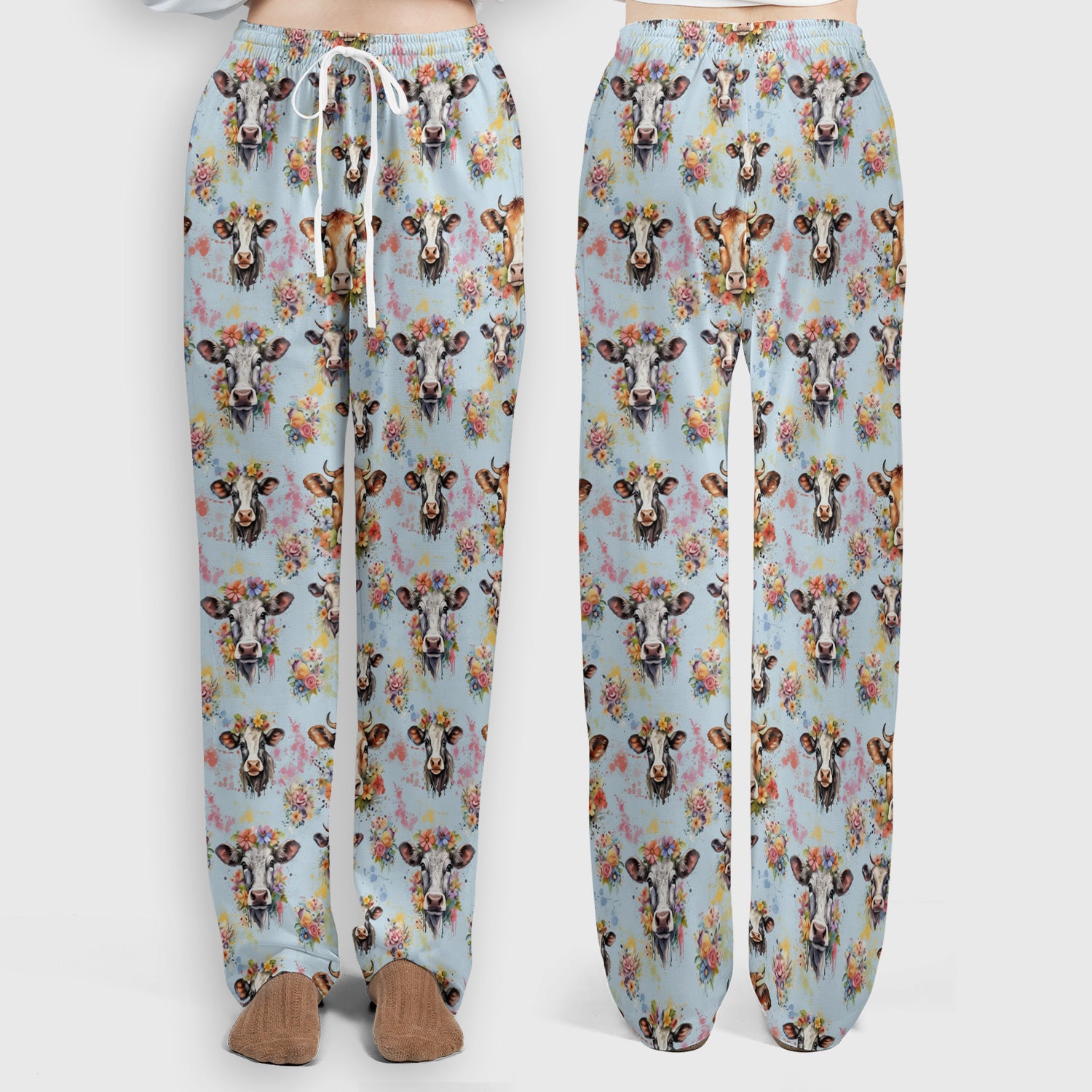 Cute Floral Cow Farm Animal Pattern Scrub Set, Scrub Pants and V Neck Top