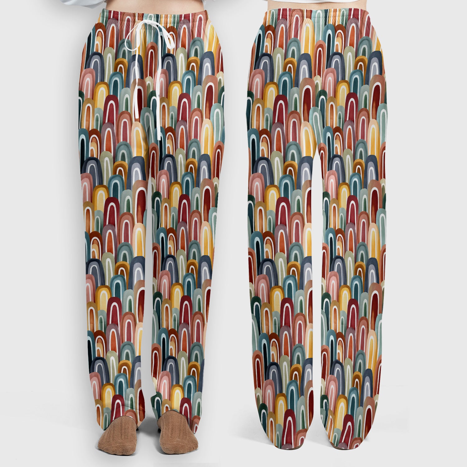 Retro Boho Rainbow Arch Pattern Scrub Set, Scrub Pants and V Neck Top