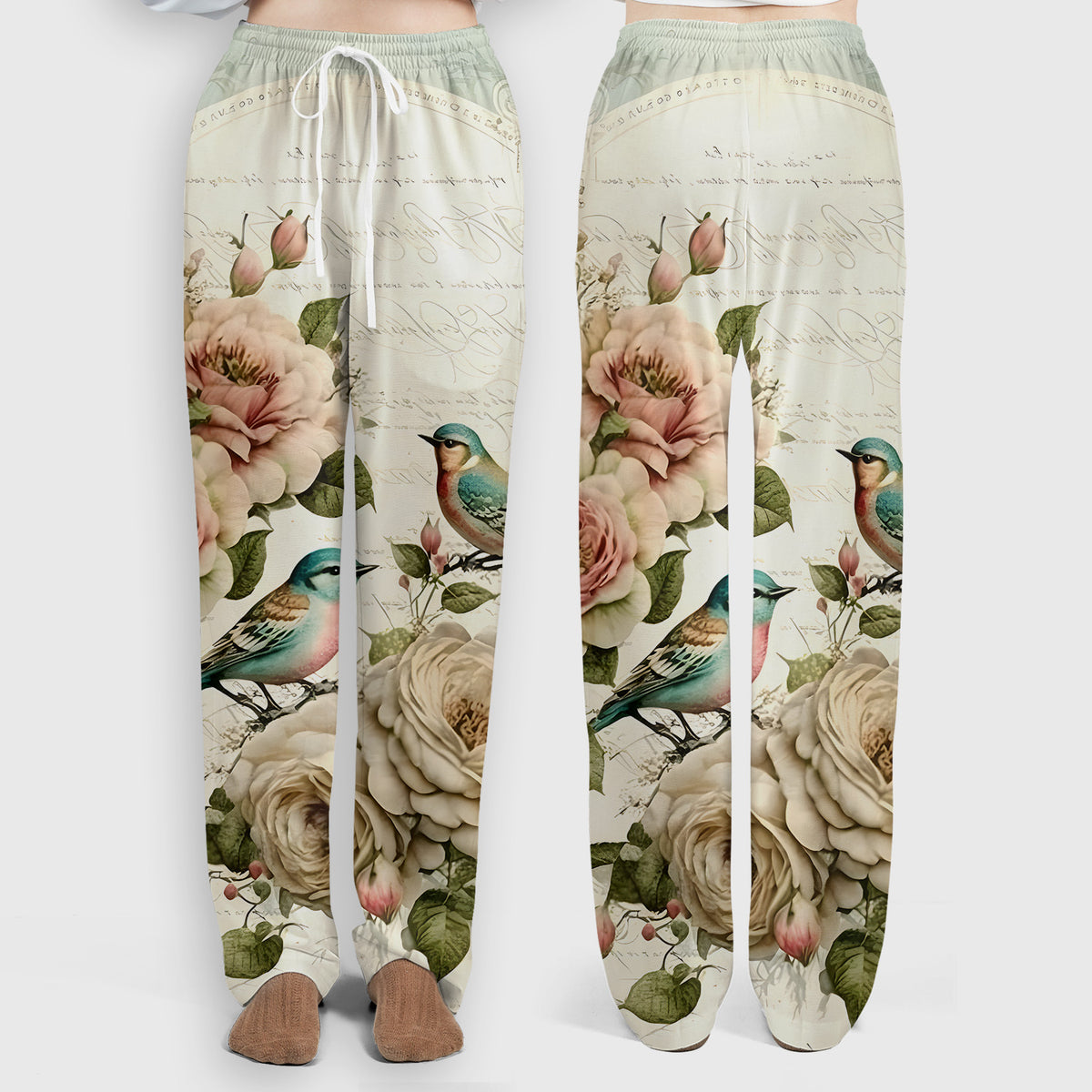 Vintage Birds Rose Pattern Scrub Set, Scrub Pants and V Neck Top