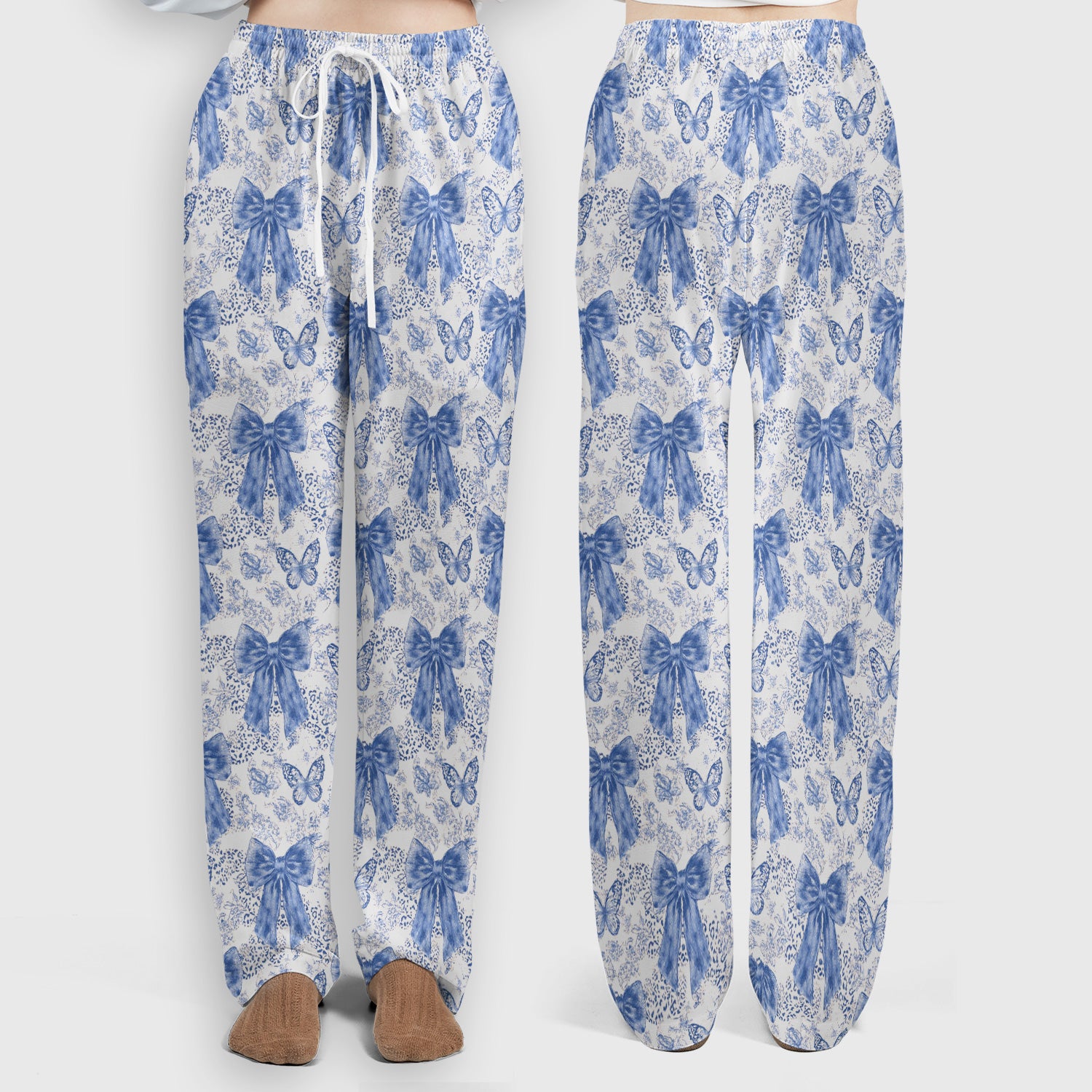 Blue Bow And Butterfly Vintage Floral Scrub Set, Scrub Pants and V Neck Top