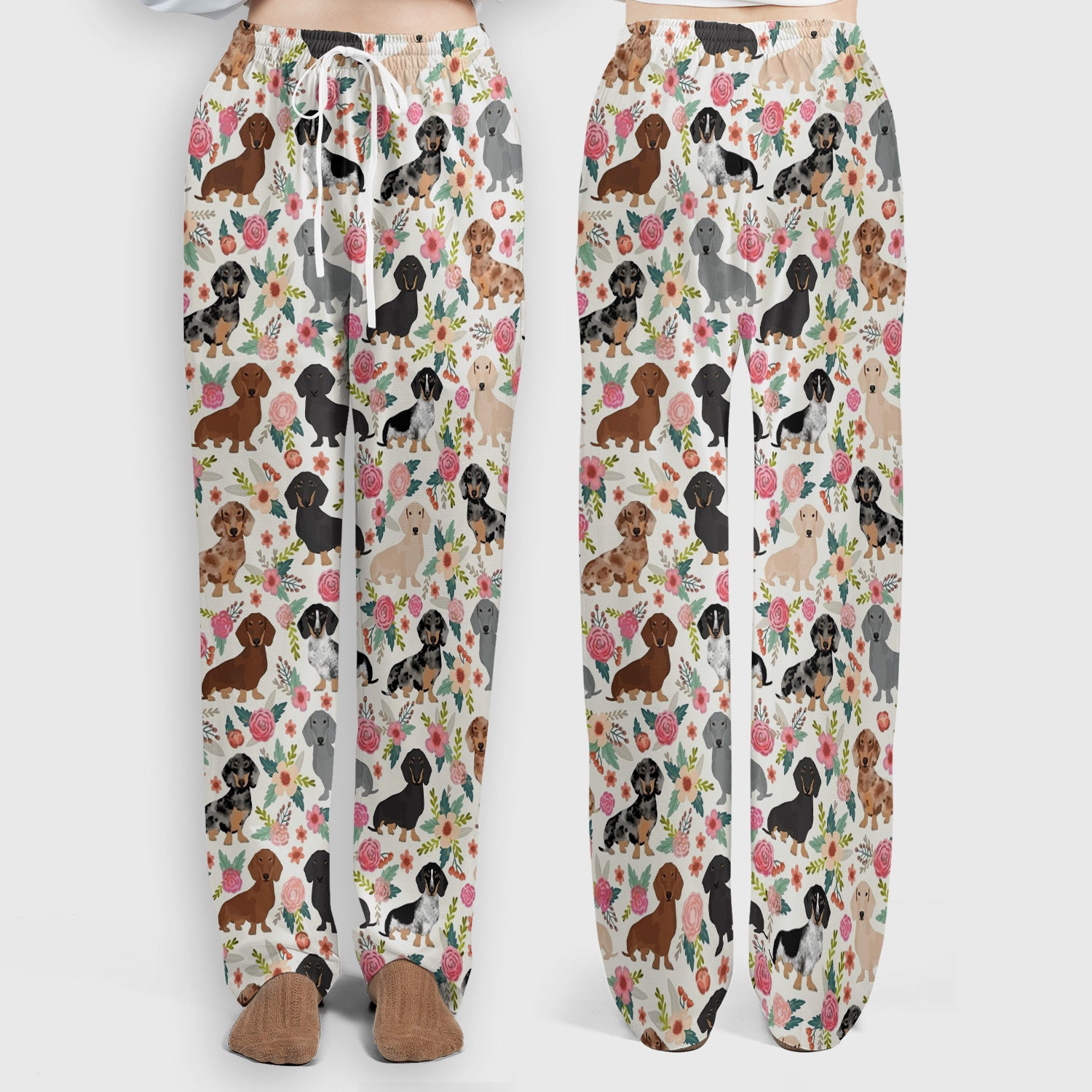 Adorable Dachshund Floral Pattern Scrub Set, Scrub Pants and V Neck Top