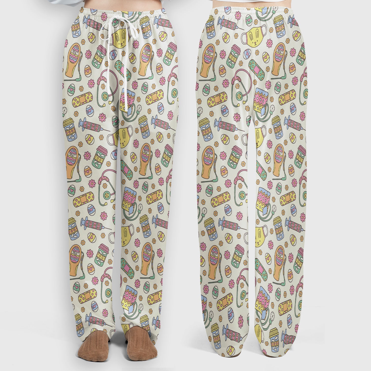 Easter Nurse Bunny Medical Pattern Scrub Set, Scrub Pants and V Neck Top