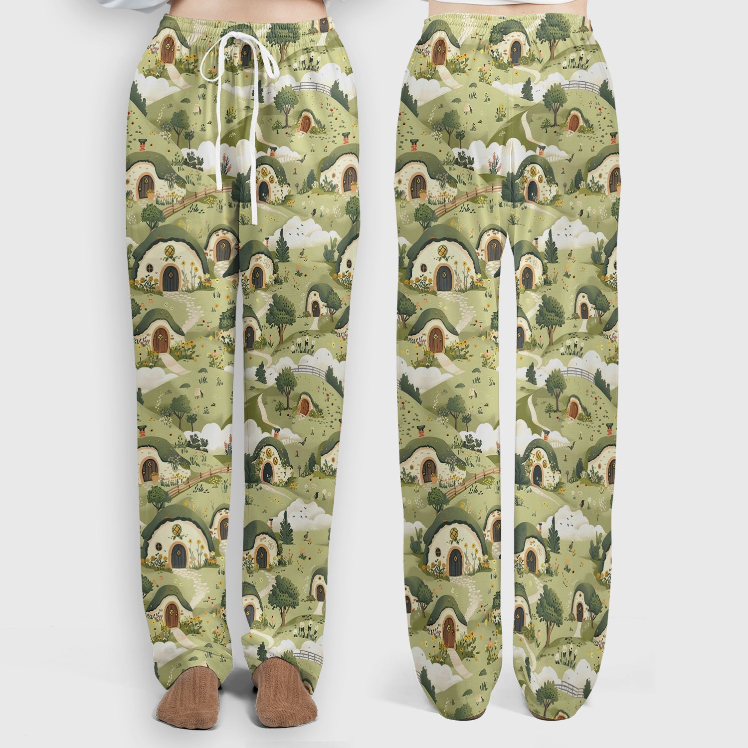 Cozy Hobbit Village Landscape Pattern Scrub Set, Scrub Pants and V Neck Top