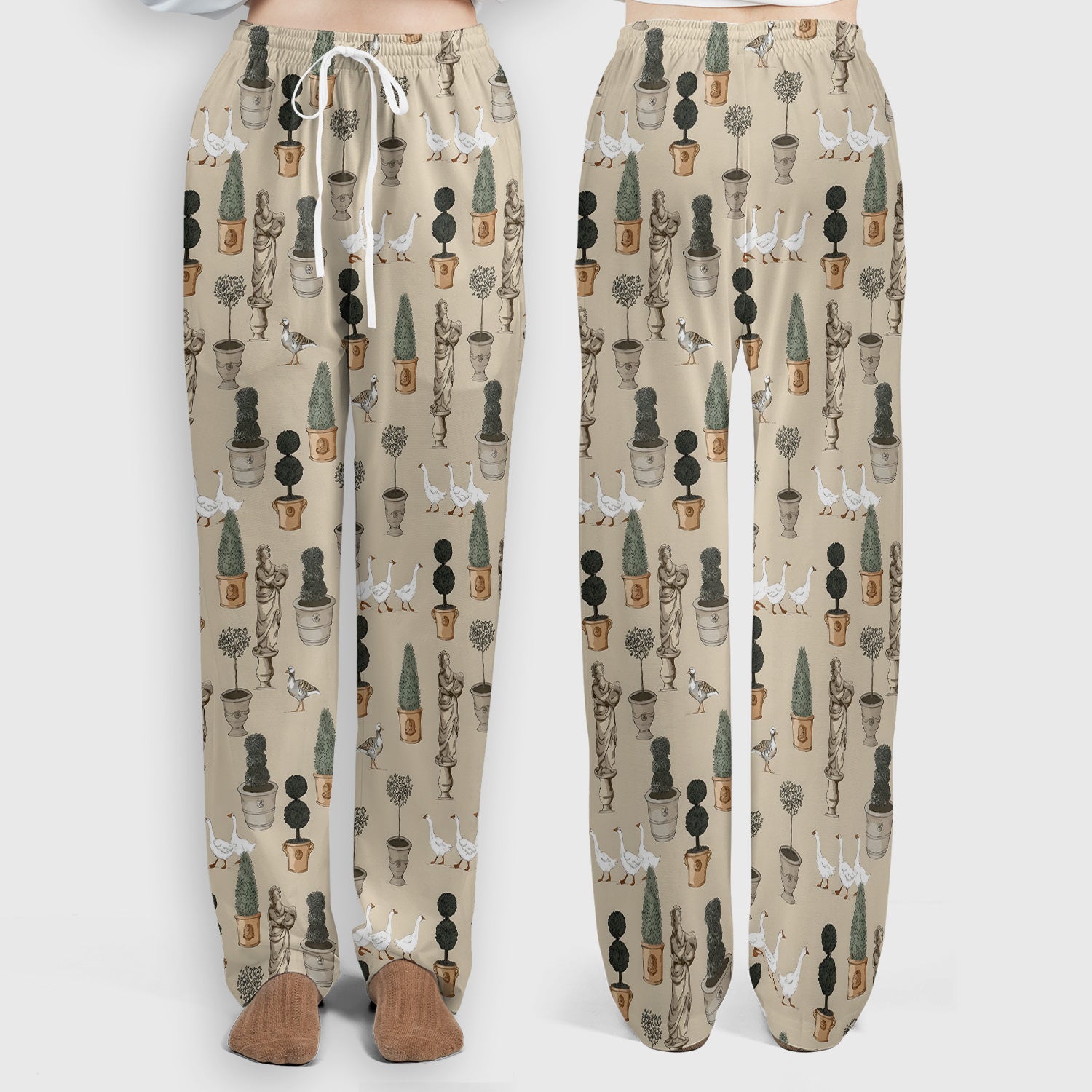 Vintage Garden Statue Topiary Goose Bird Pattern Scrub Set, Scrub Pants and V Neck Top