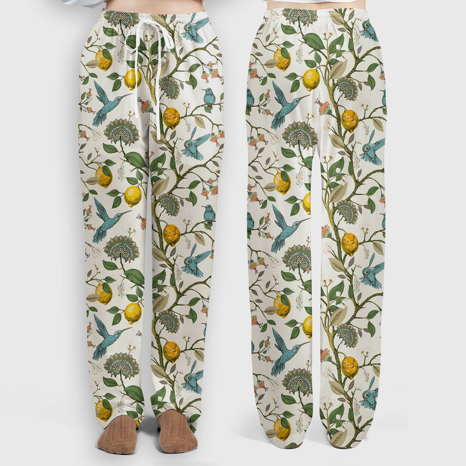 Cute Hummingbird Lemon Floral Pattern Scrub Set, Scrub Pants and V Neck Top