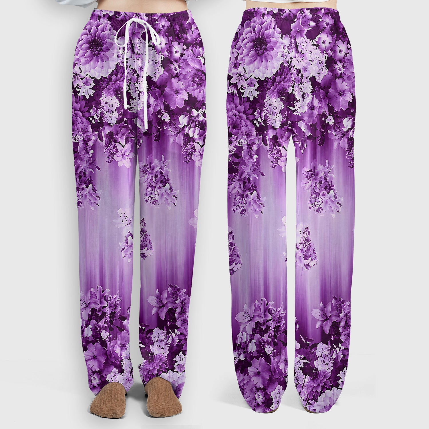 Purple Blossom Garden Pattern Scrub Set, Scrub Pants and V Neck Top
