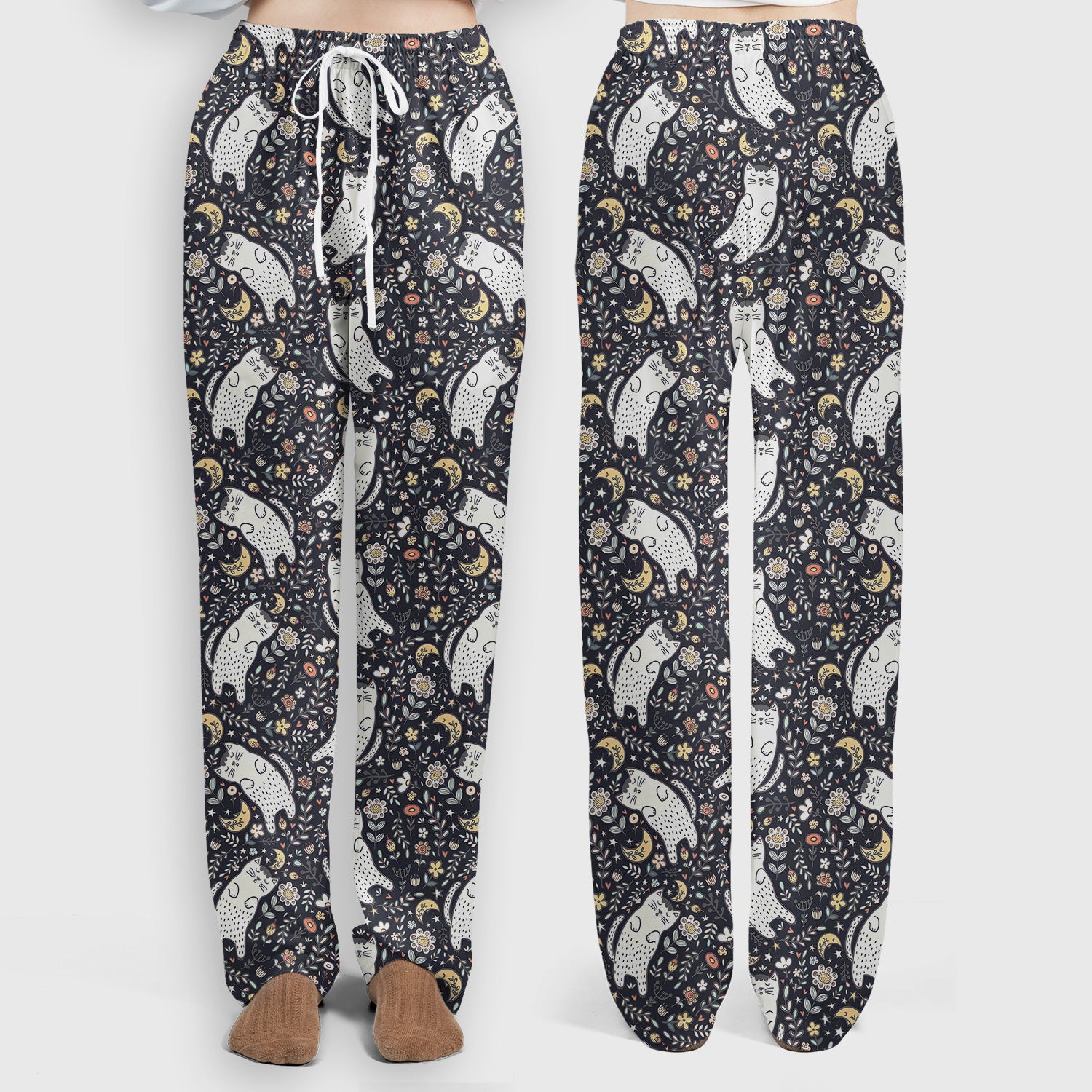 Moonlit Floral Cat Seamless Pattern Scrub Set, Scrub Pants and V Neck Top