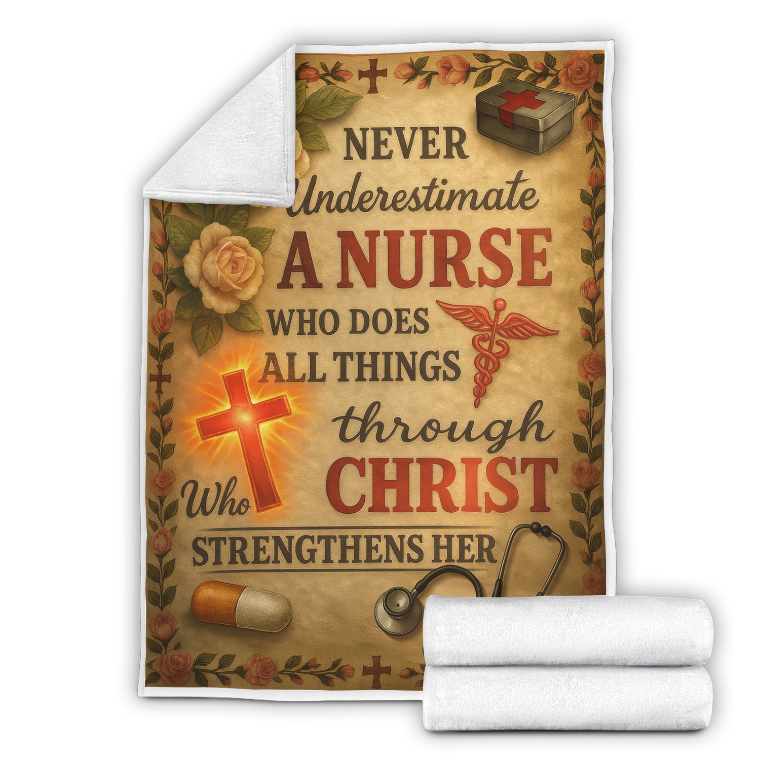 Christian Nurse Blanket - 'Through Christ Who Strengthens Her' Quote with Floral & Medical Design - Gift for RN, CNA, LPN