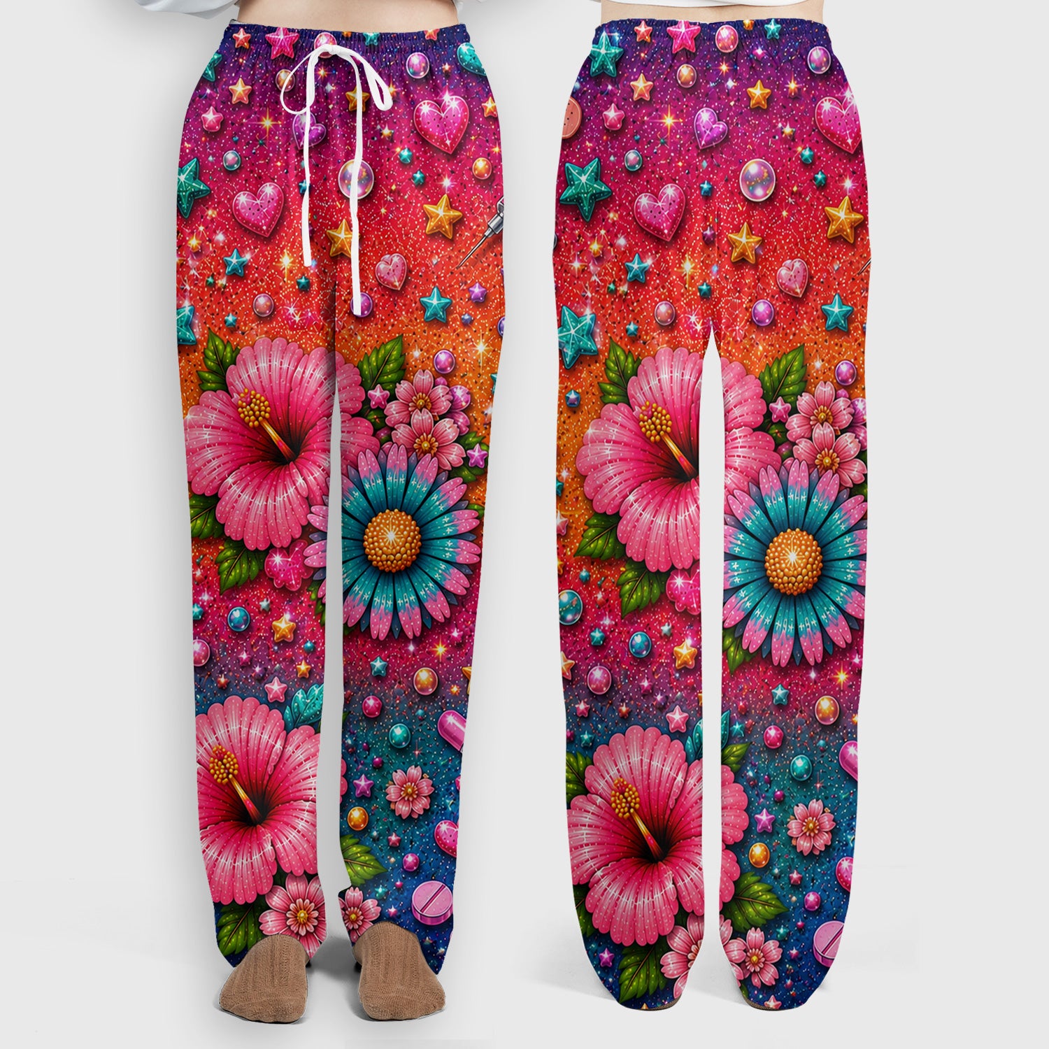 Colorful Nurse Life Heart Pattern Scrub Set, Scrub Pants and V Neck Top