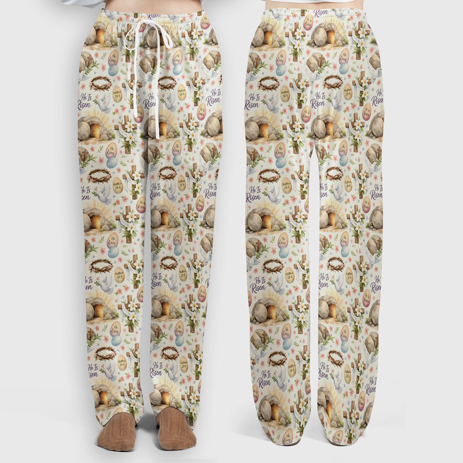 He Is Risen Cross Tomb Lily Pattern Scrub Set, Scrub Pants and V Neck Top