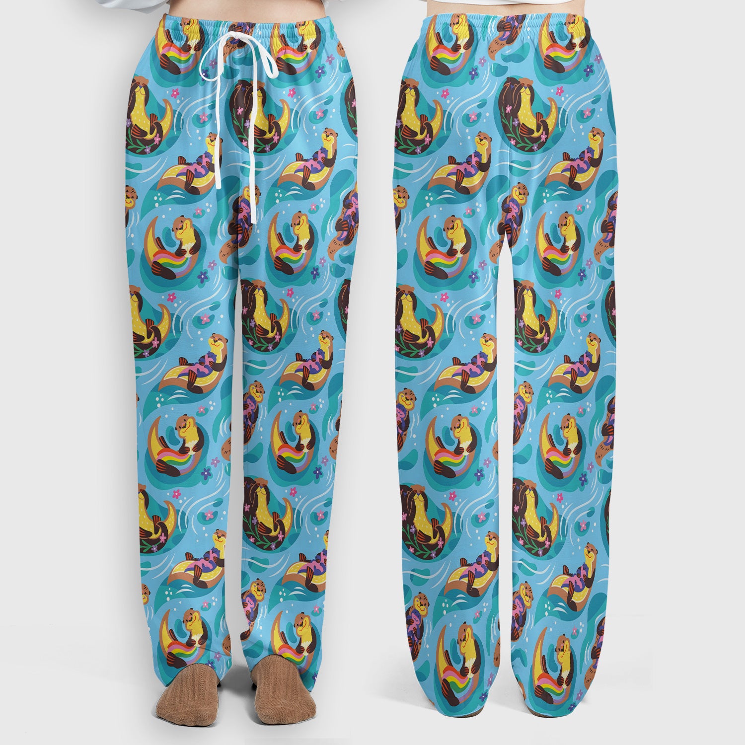 Otter Floating River Rainbow Pattern Scrub Set, Scrub Pants and V Neck Top