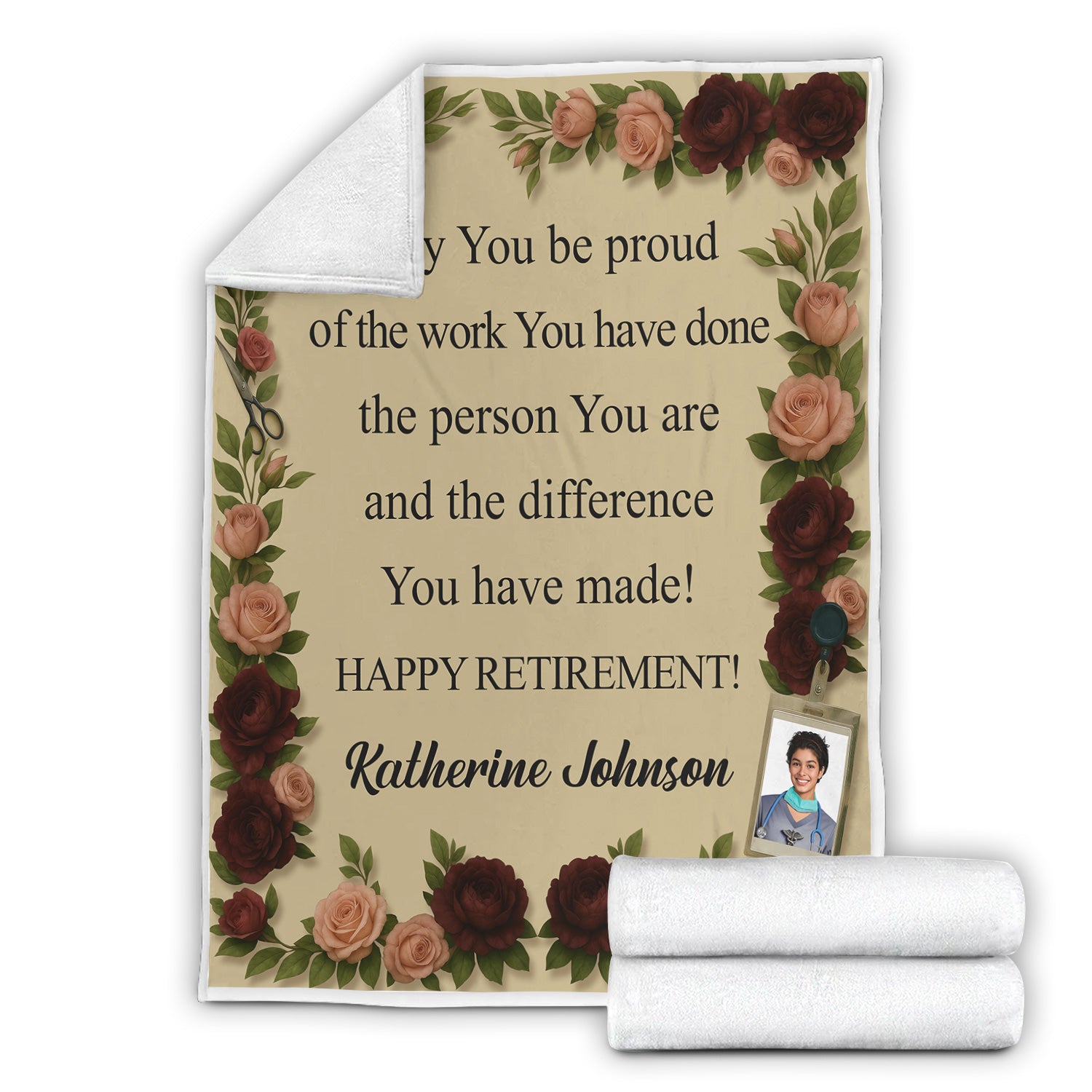 Custom Retirement Blanket with Name & Photo - Floral Border with Inspirational Quote - Gift for Nurse, RN, LPN, Medical Staff