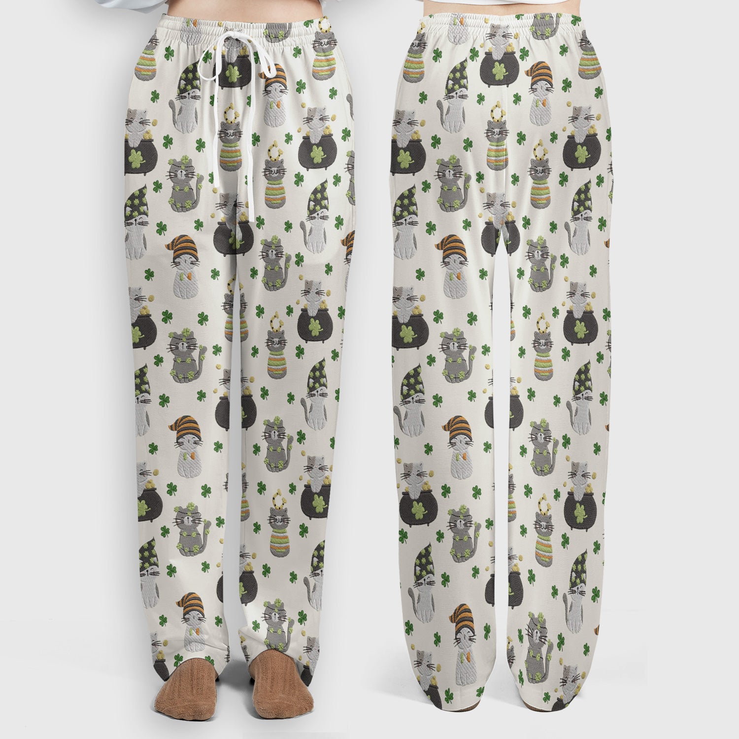 St. Patrick’s Day Scrub Set, Lucky Cat With Shamrock Pattern Shirt, Breathable Fabrics Nursing Uniform