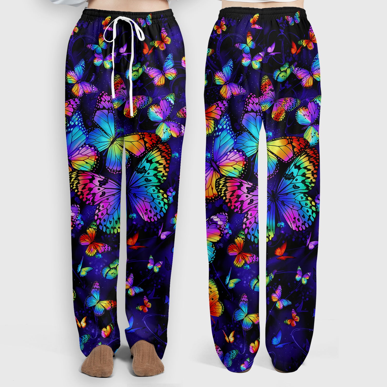 Vibrant Rainbow Butterfly Galaxy Pattern Scrub Set, Scrub Pants and V Neck Top