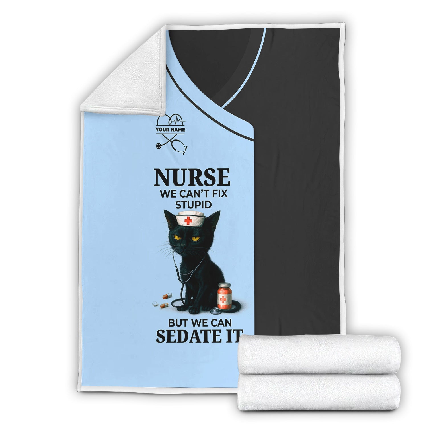 Personalized Funny Nurse Black Cat Blanket - Multiple Color Options Available - Custom Name Gift for RN CNA LPN Healthcare Workers
