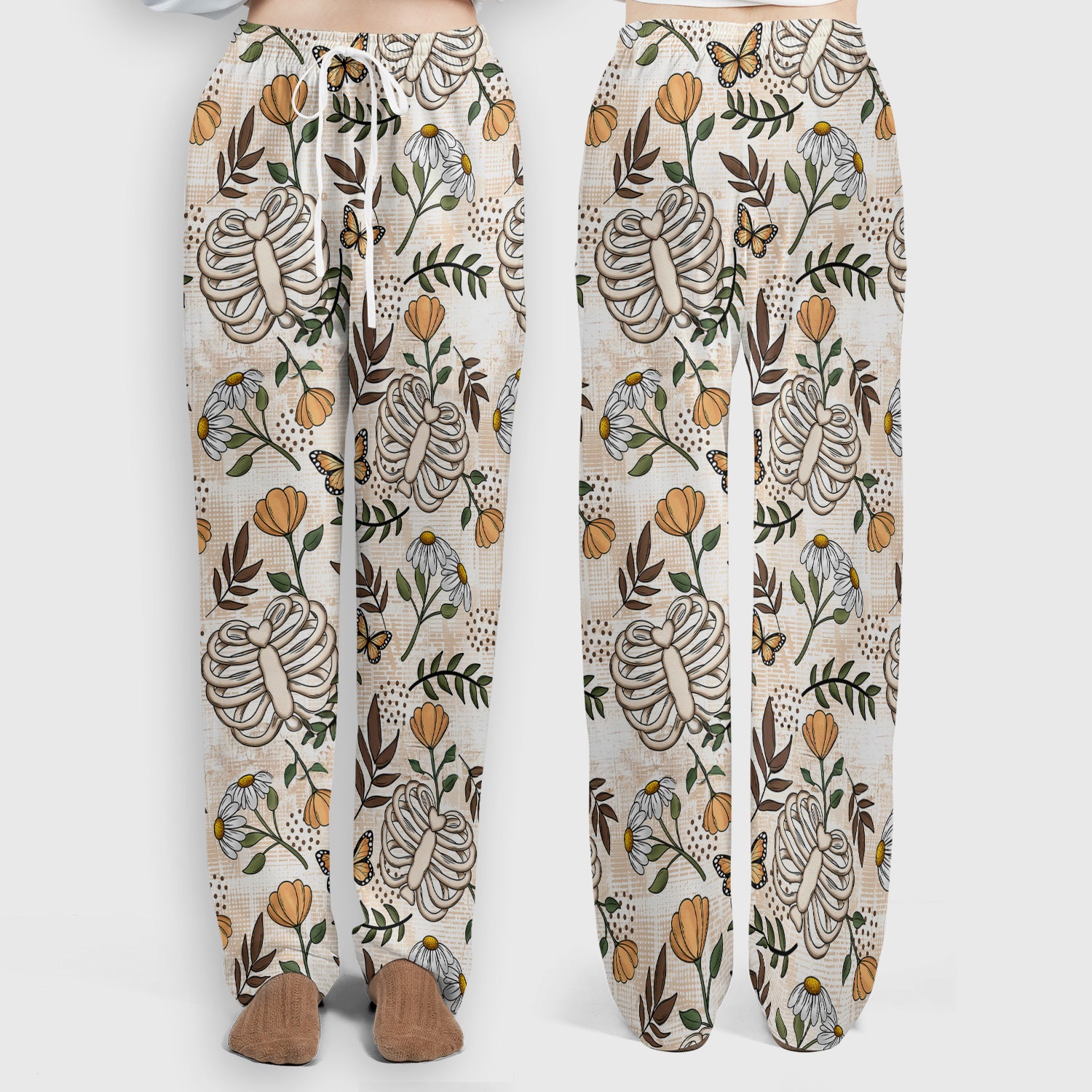 Skeleton Ribcage With Daisy And Butterfly Floral Scrub Set, Scrub Pants and V Neck Top