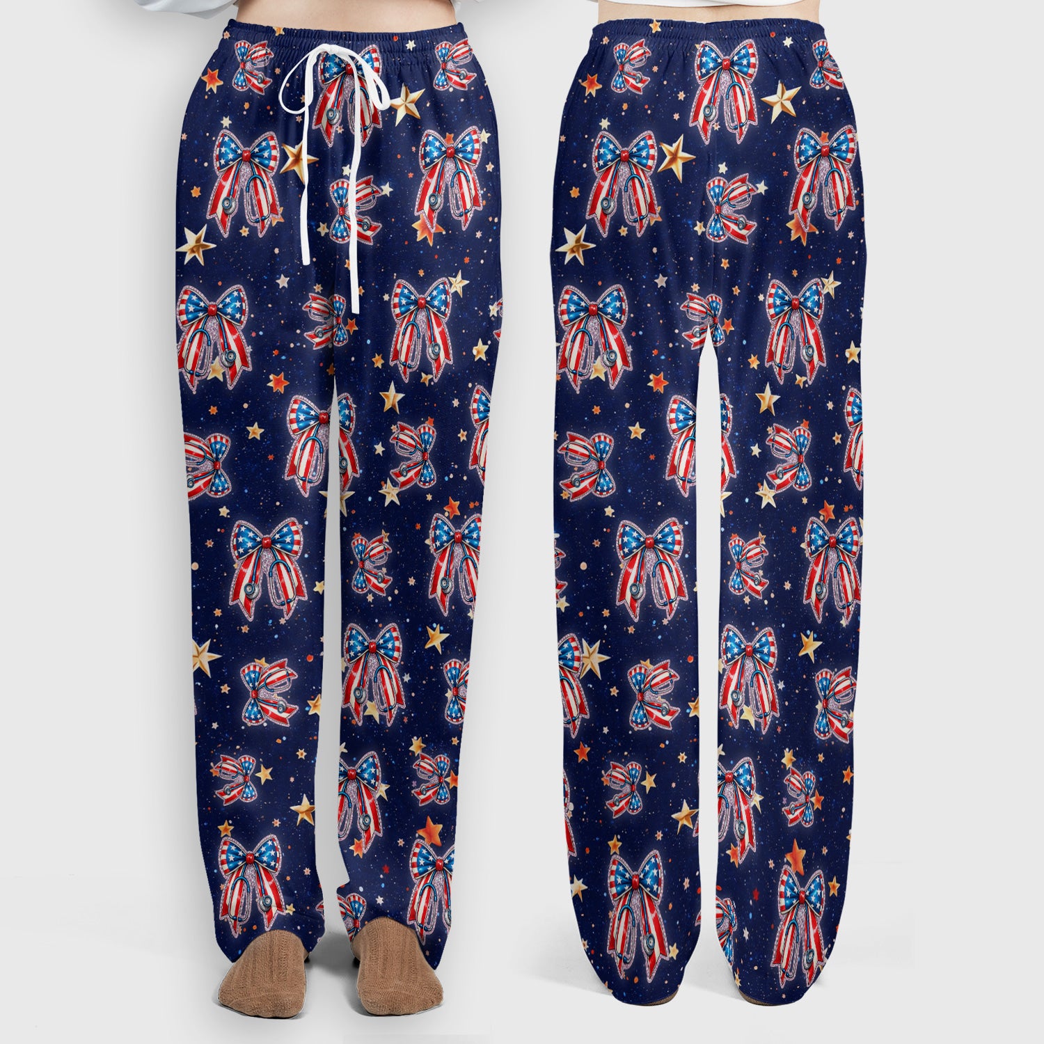 Patriotic Bow Star Print Women's Scrub Set, Breathable Med Uniform