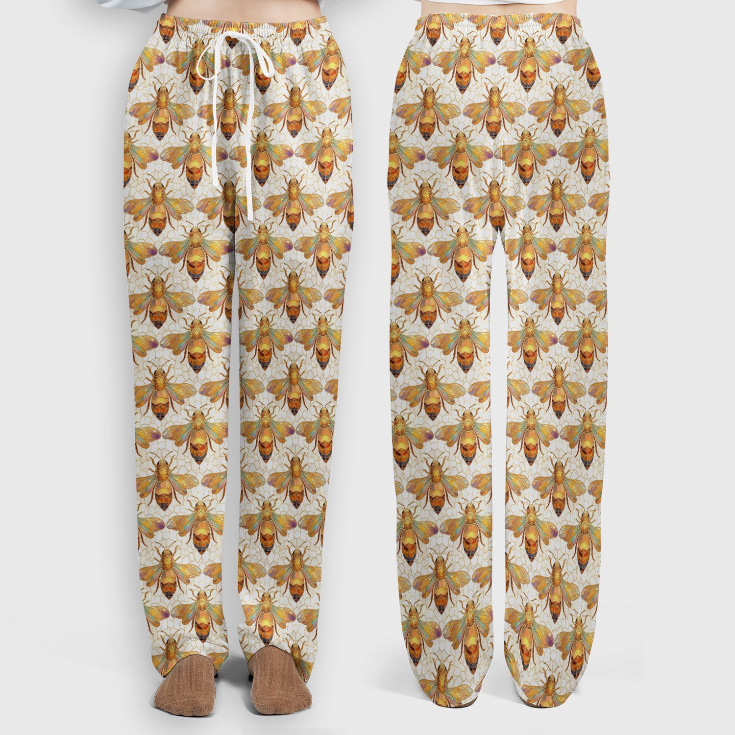 Golden Honey Bee Honeycomb Nurse Pattern Scrub Set, Scrub Pants and V Neck Top