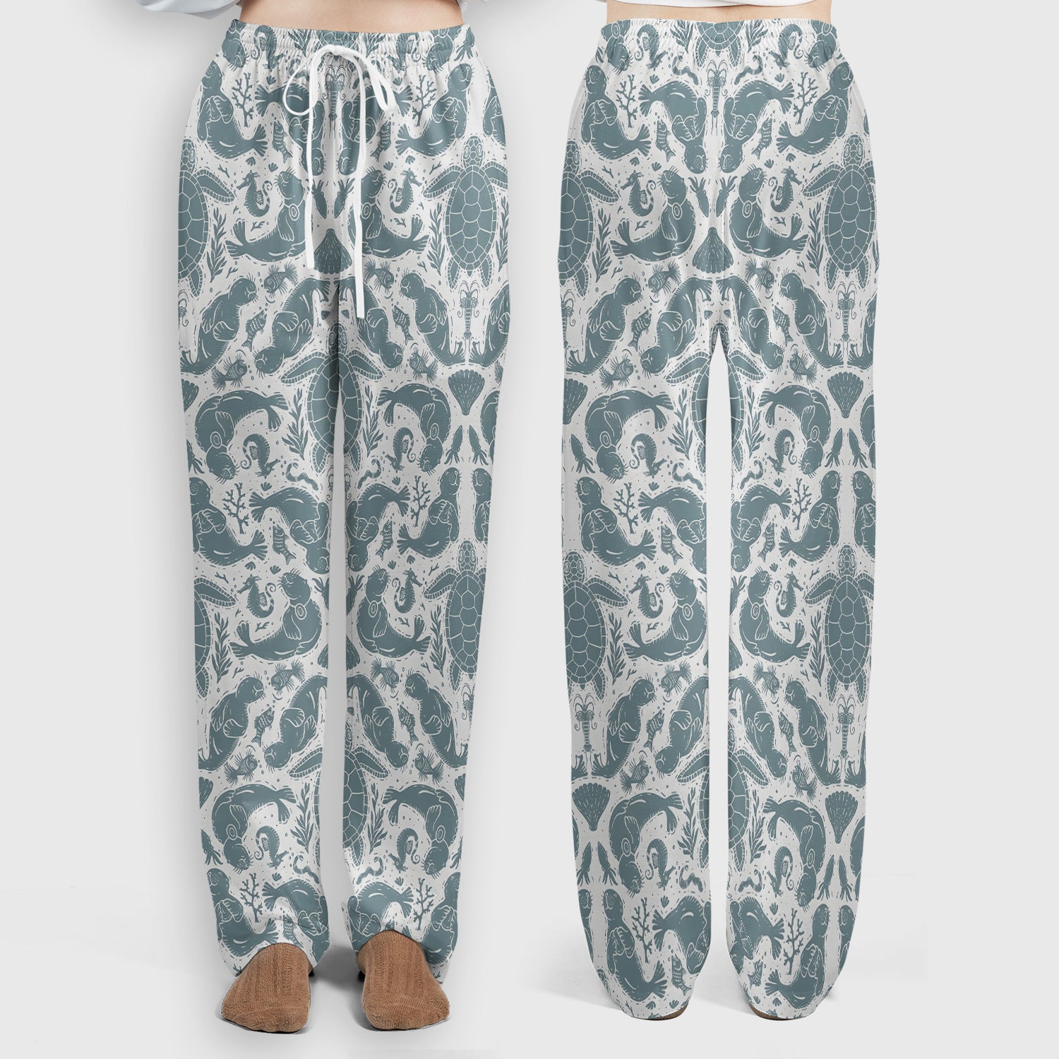 Ocean Sea Marine Life Pattern Scrub Set, Scrub Pants and V Neck Top